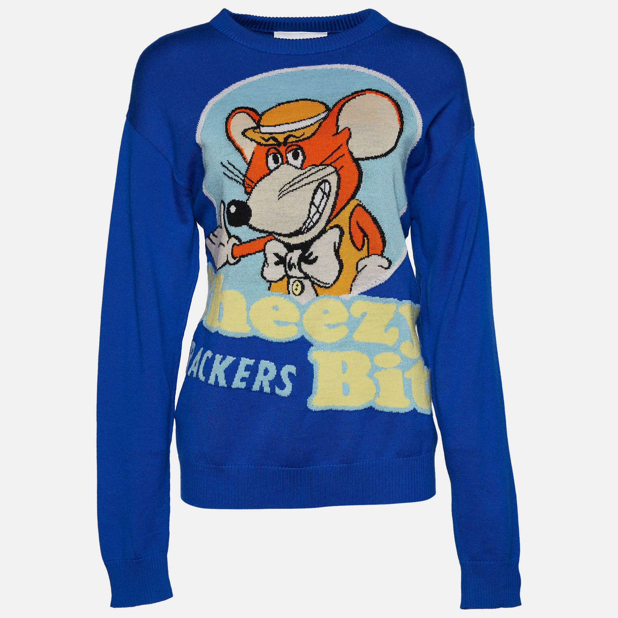 Moschino Couture Blue Cheezy Bits Wool Intarsia Knit Long Sleeve Jumper