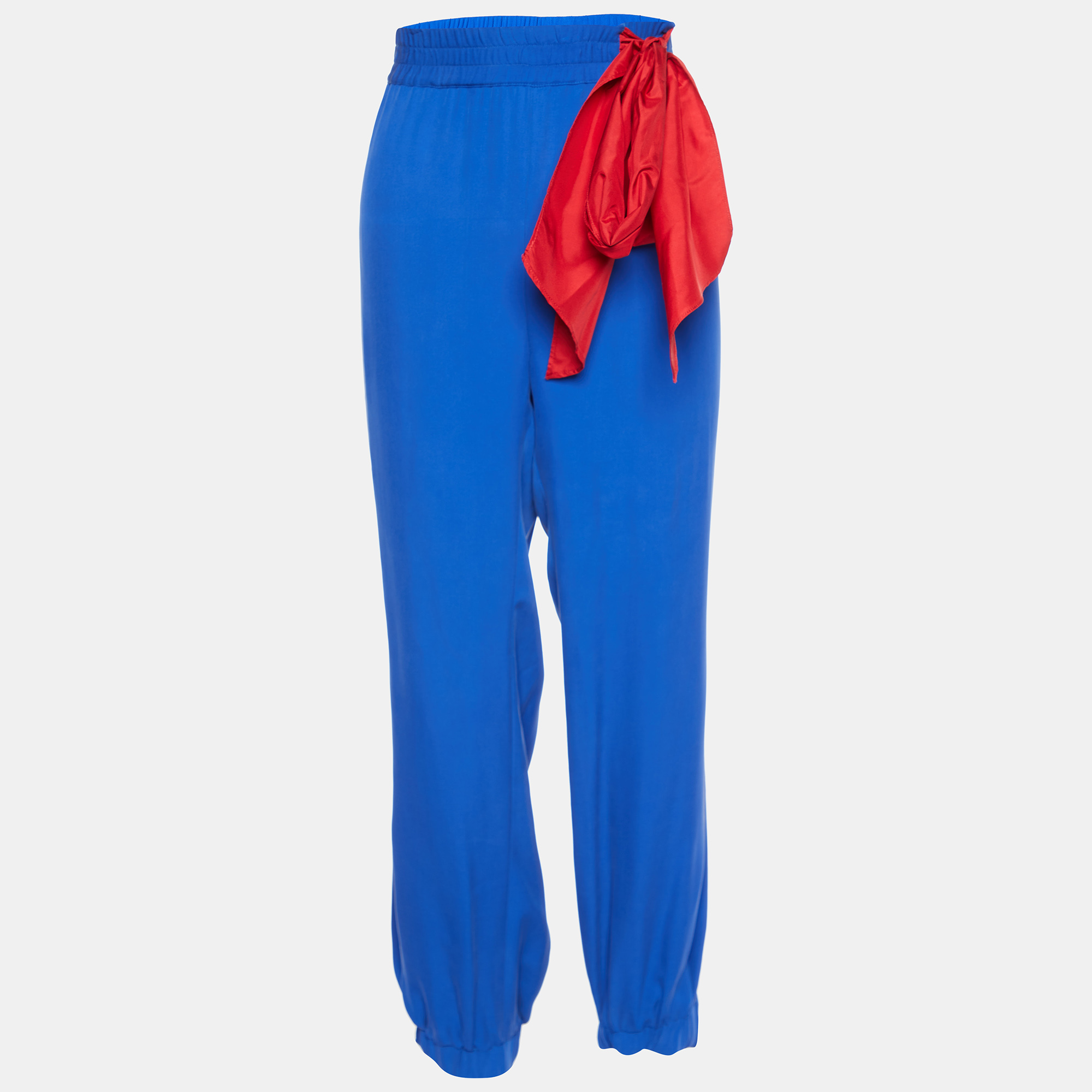 RED Valentino Blue Silk Contrast Tie Detail Joggers RED Valentino Blue Silk Contrast Tie Detail Joggers