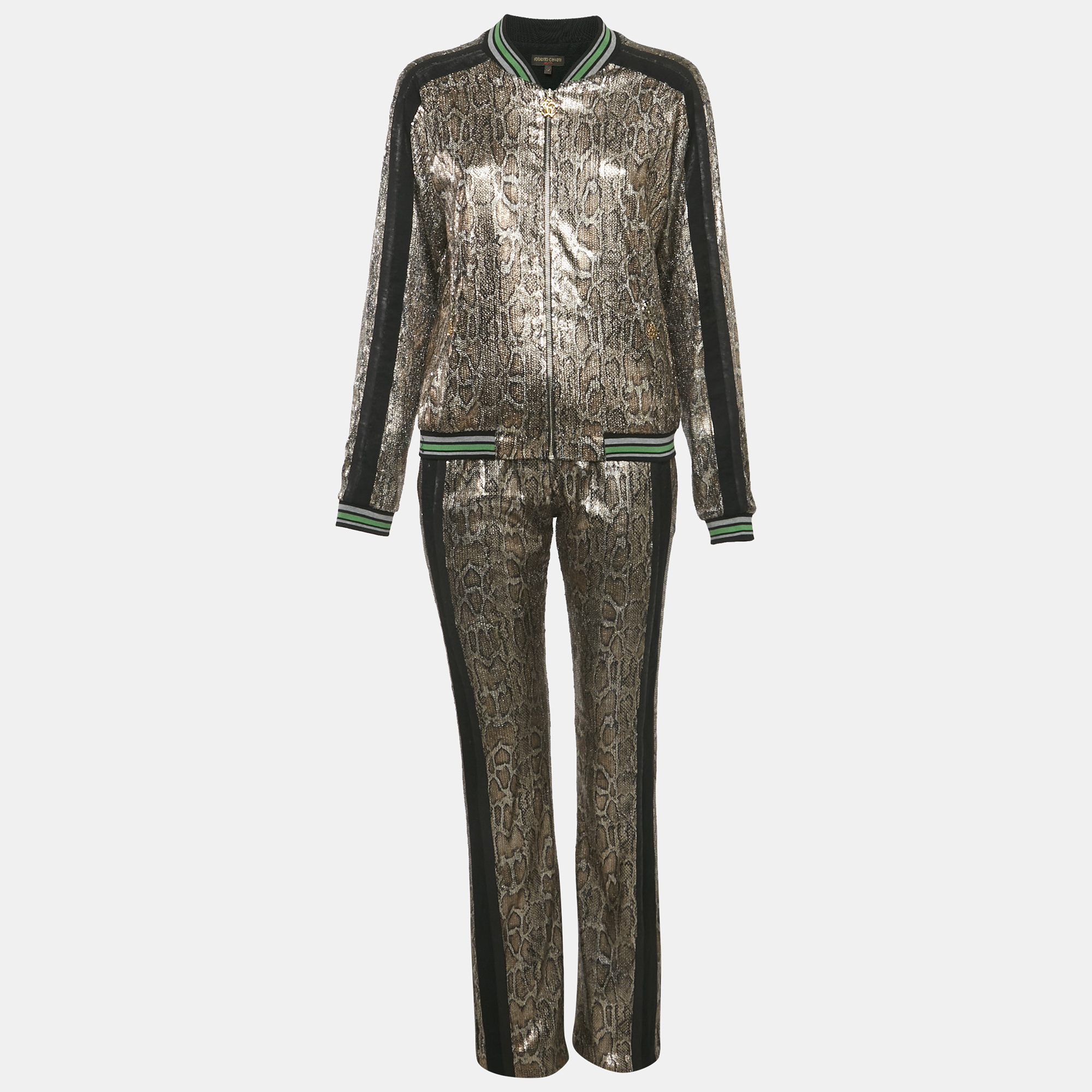 Roberto Cavalli Gym Metallic Gold Snakeskin Patterned Polyester Sequin Sweatshirt & Jogger Set Roberto Cavalli Gym Metallic Gold Snakeskin Patterned Polyester Sequin Sweatshirt & Jogger Set