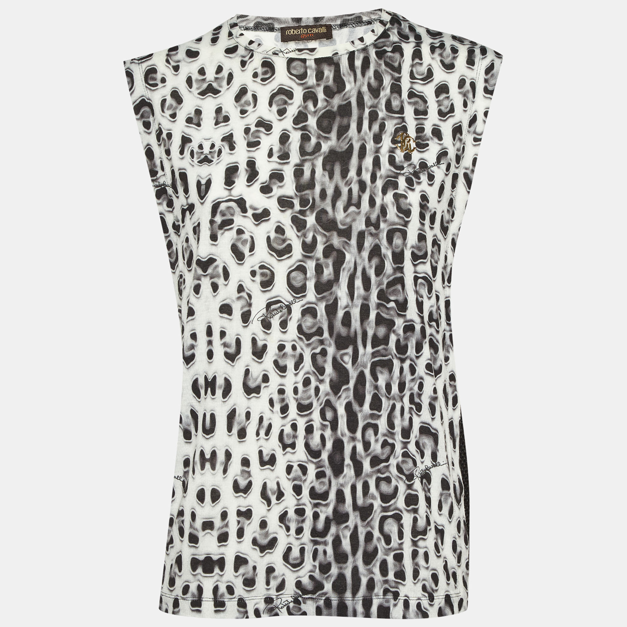 Roberto Cavalli Gym BlackGrey Printed Jersey & Mesh Tank Top
