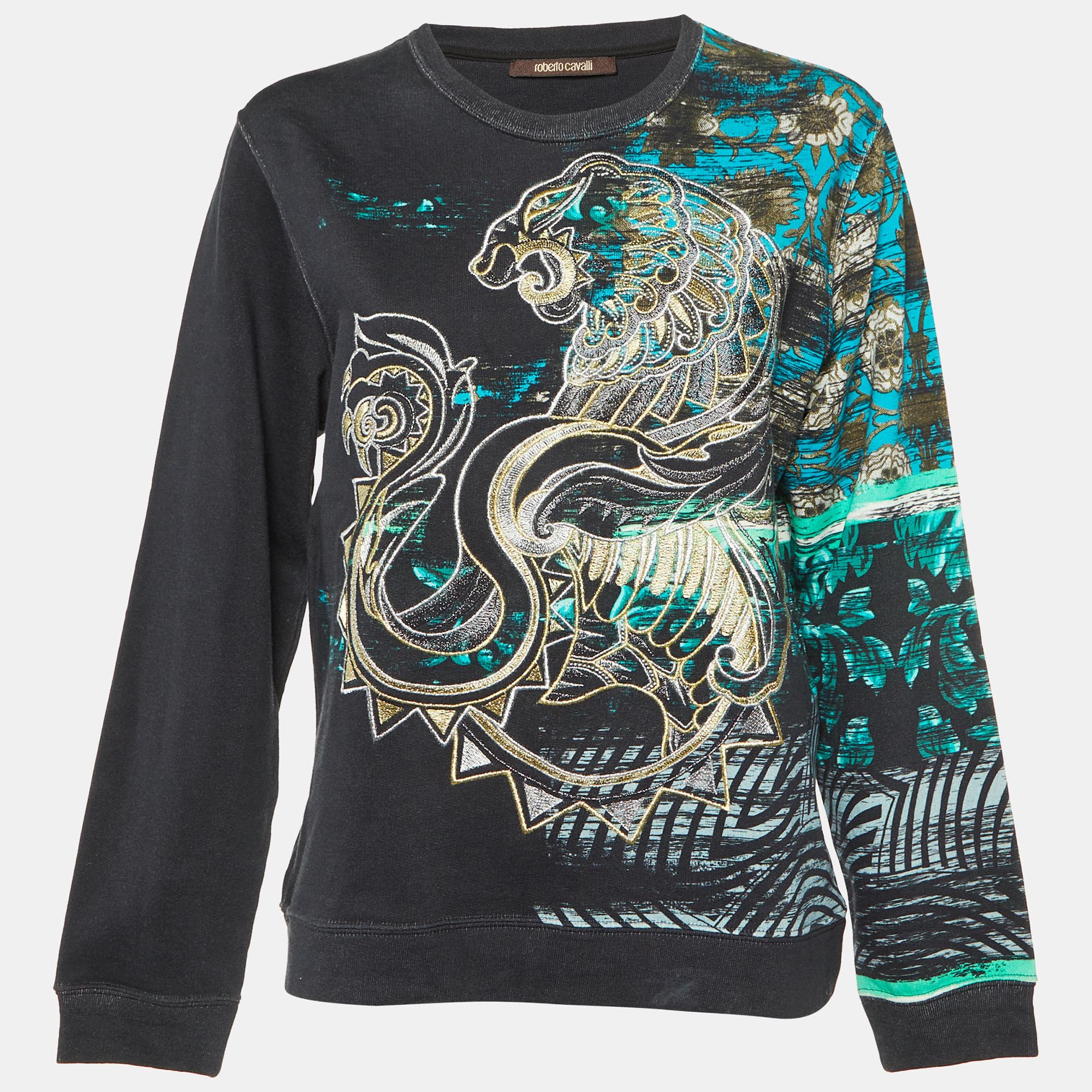 Roberto Cavalli Black Embroidered & Printed Cotton Sweatshirt