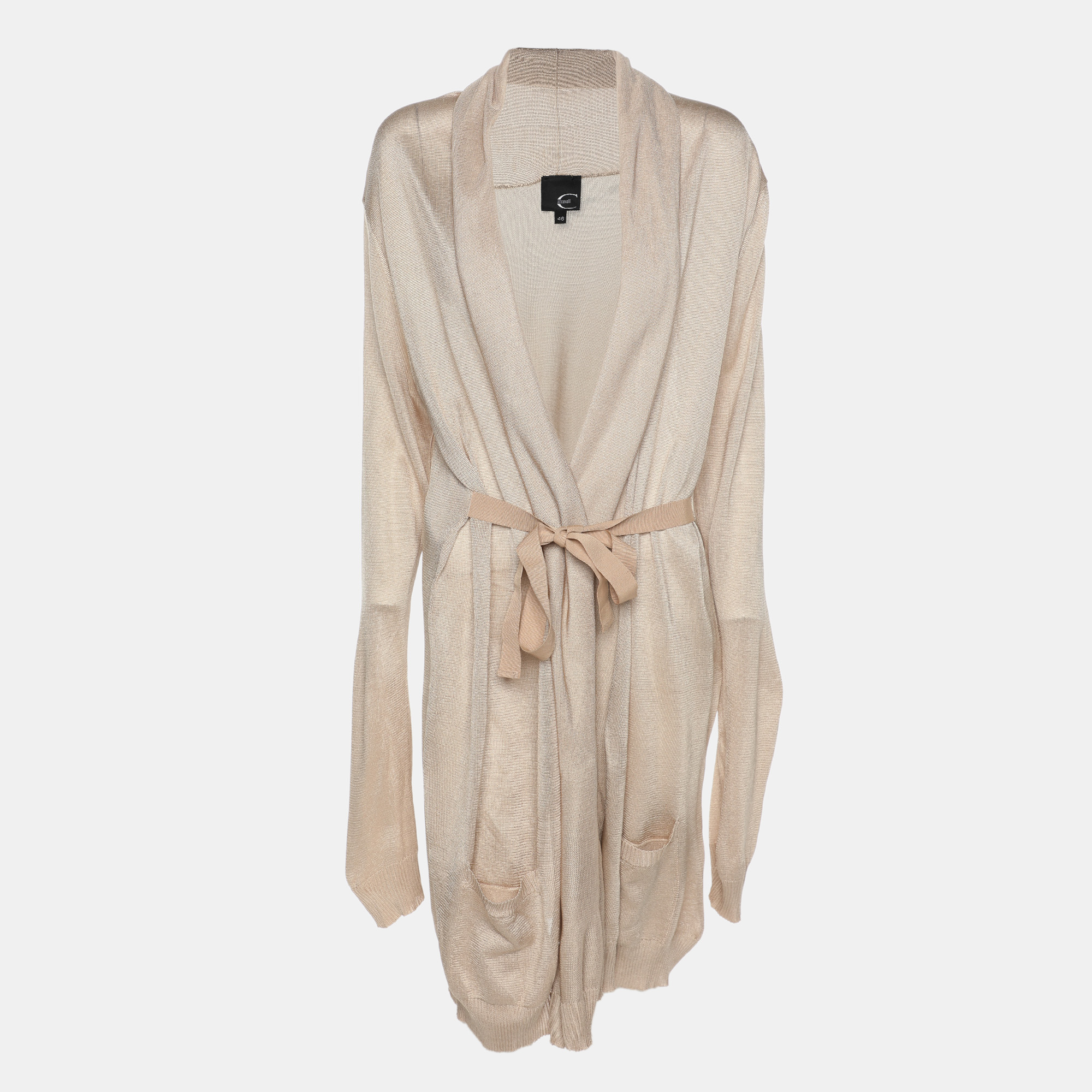 Roberto Cavalli Beige Stretch Knit Belted Cardigan Roberto Cavalli Beige Stretch Knit Belted Cardigan