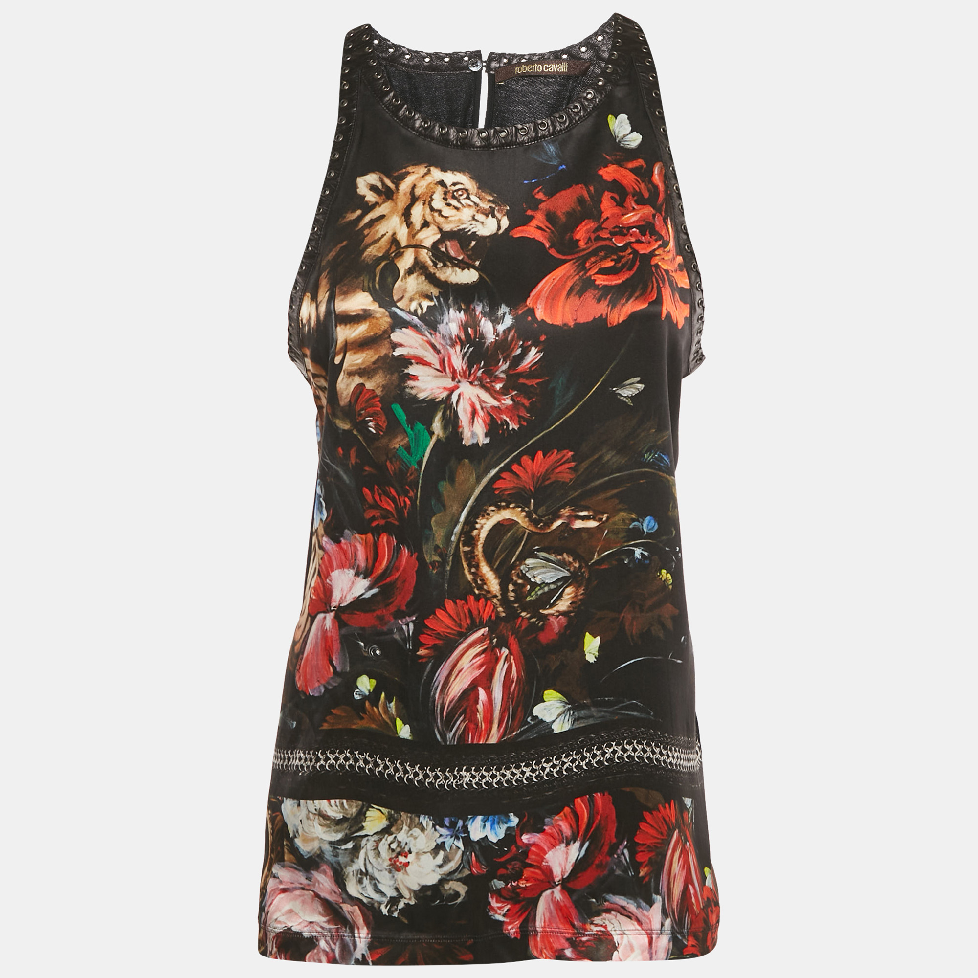 Roberto Cavalli Black Floral Print Silk Lace-up Leather Tank Top Roberto Cavalli Black Floral Print Silk Lace-up Leather Tank Top