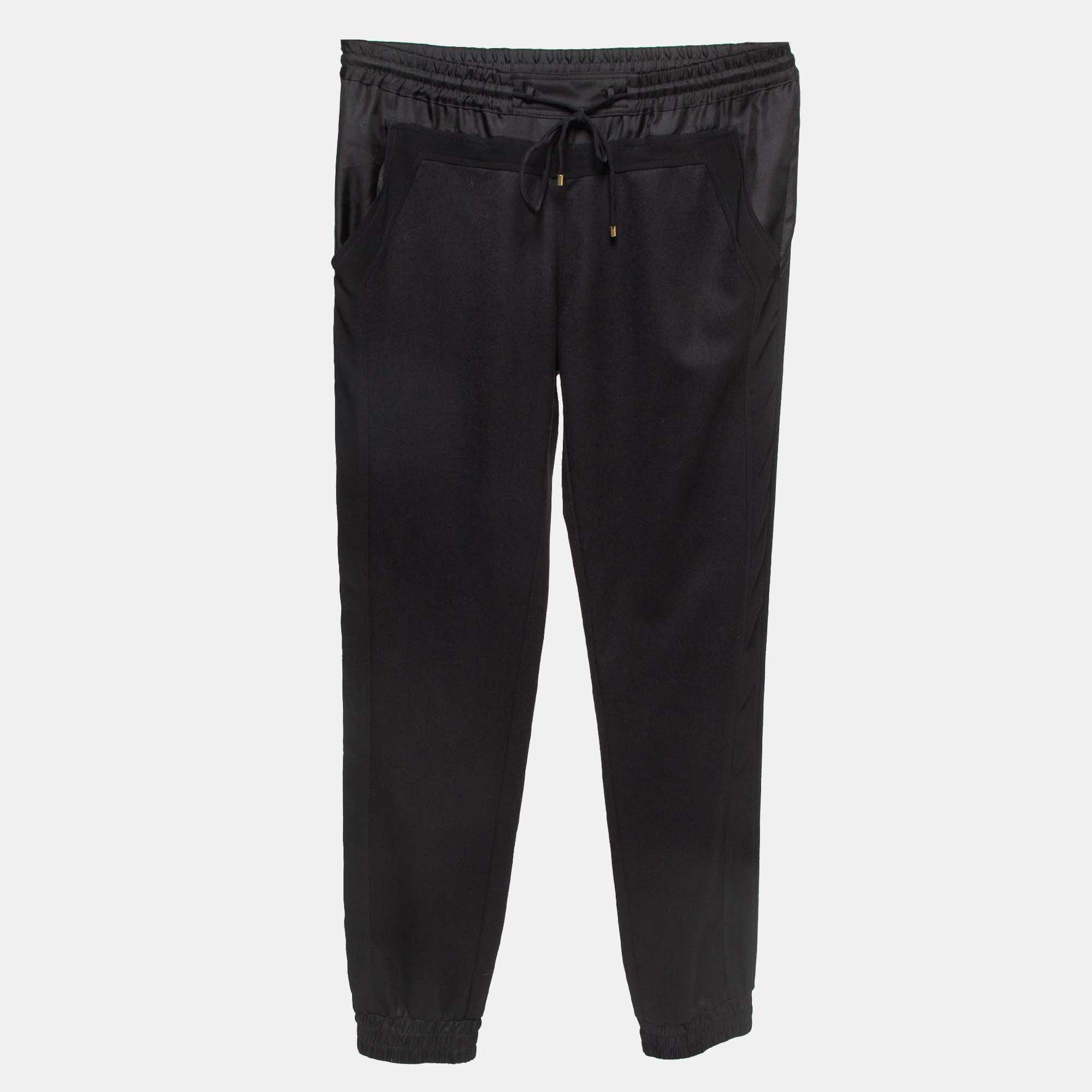 Roberto Cavalli Black Silk Trimmed Wool Elasticated Waist Joggers Roberto Cavalli Black Silk Trimmed Wool Elasticated Waist Joggers