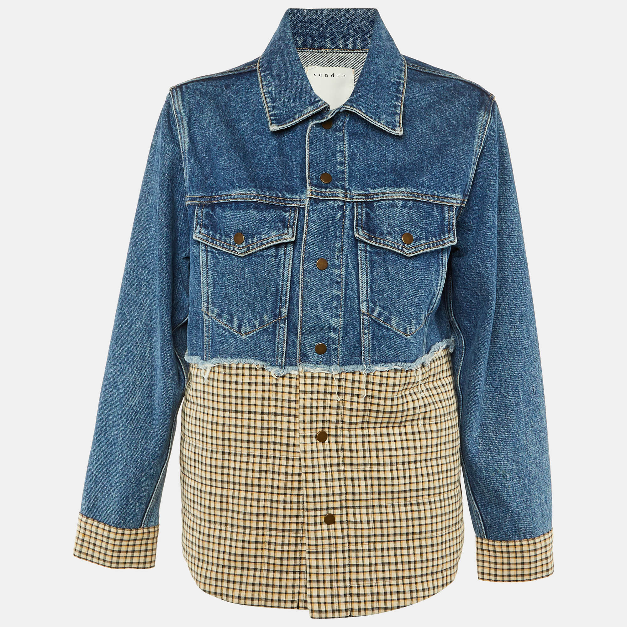 Sandro Blue Plaid Print Denim Jacket