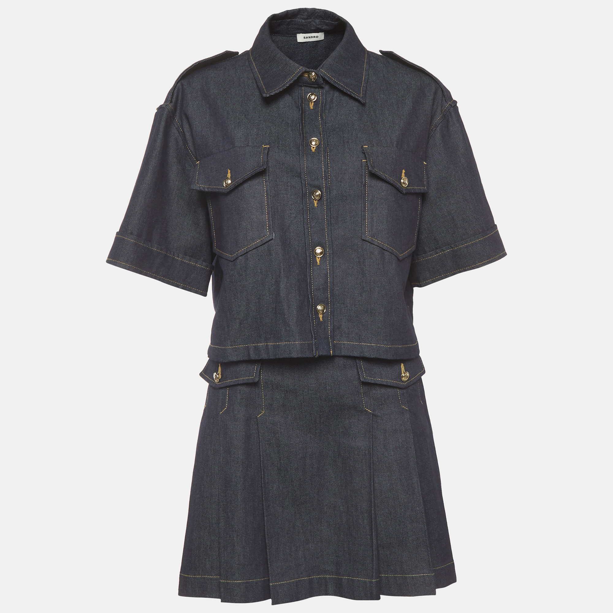 Sandro Blue Denim Cropped Jacket and Mini Skirt Set Sandro Blue Denim Cropped Jacket and Mini Skirt Set