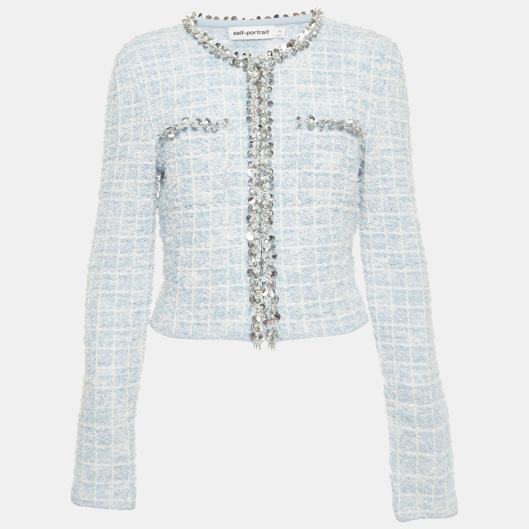 Self-Portrait Blue Tweed Boucle Embellished Check Cardigan