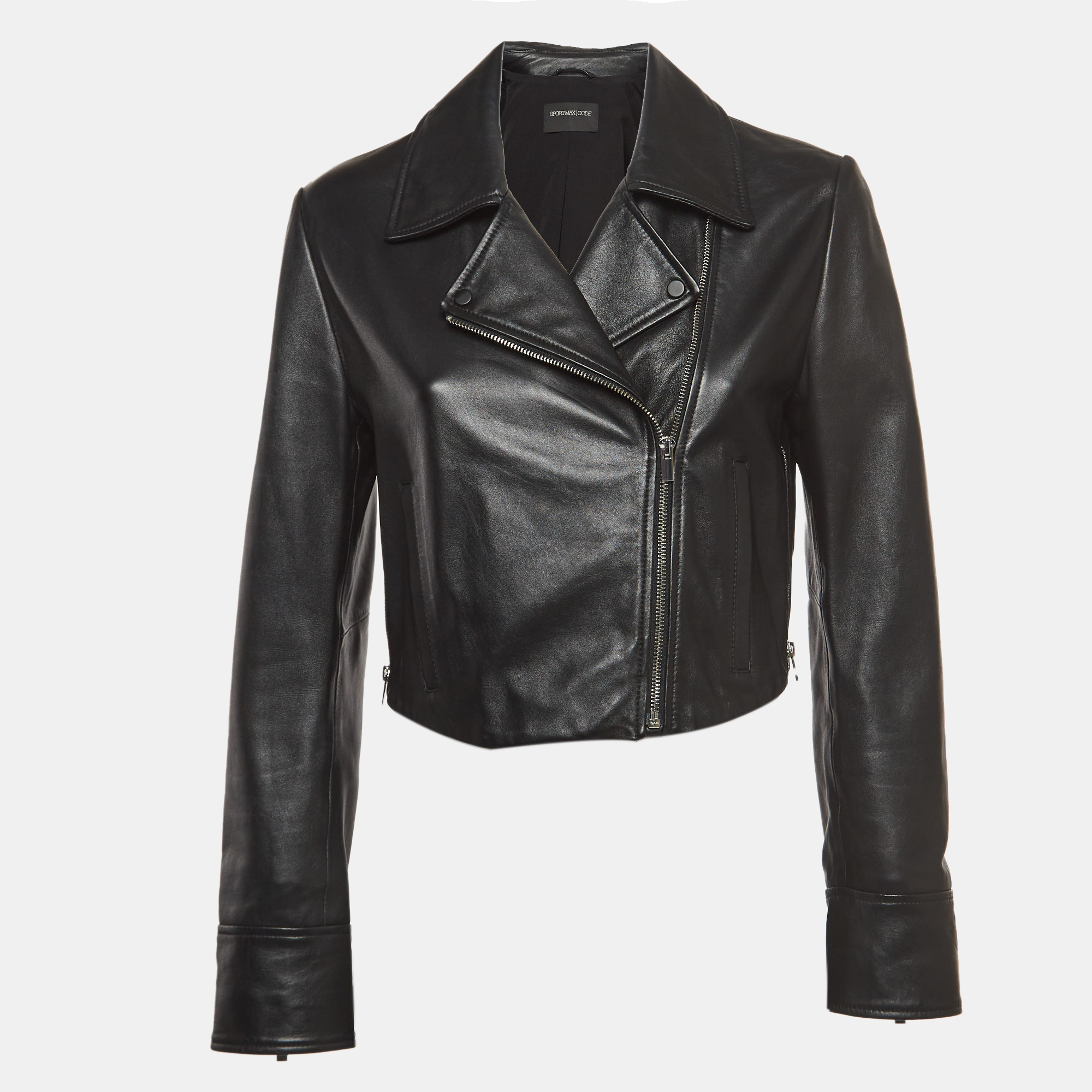 Sportmax Black Leather Cropped Biker Jacket Sportmax Black Leather Cropped Biker Jacket
