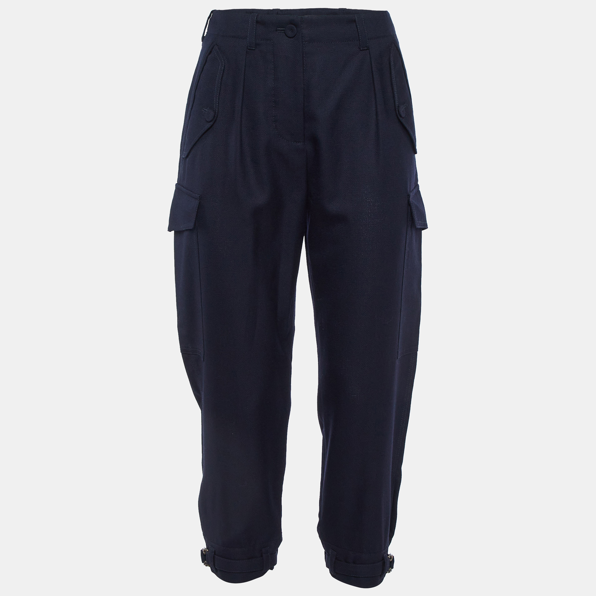 Stella McCartney Navy Blue Wool Belted Cuff Detail Trousers