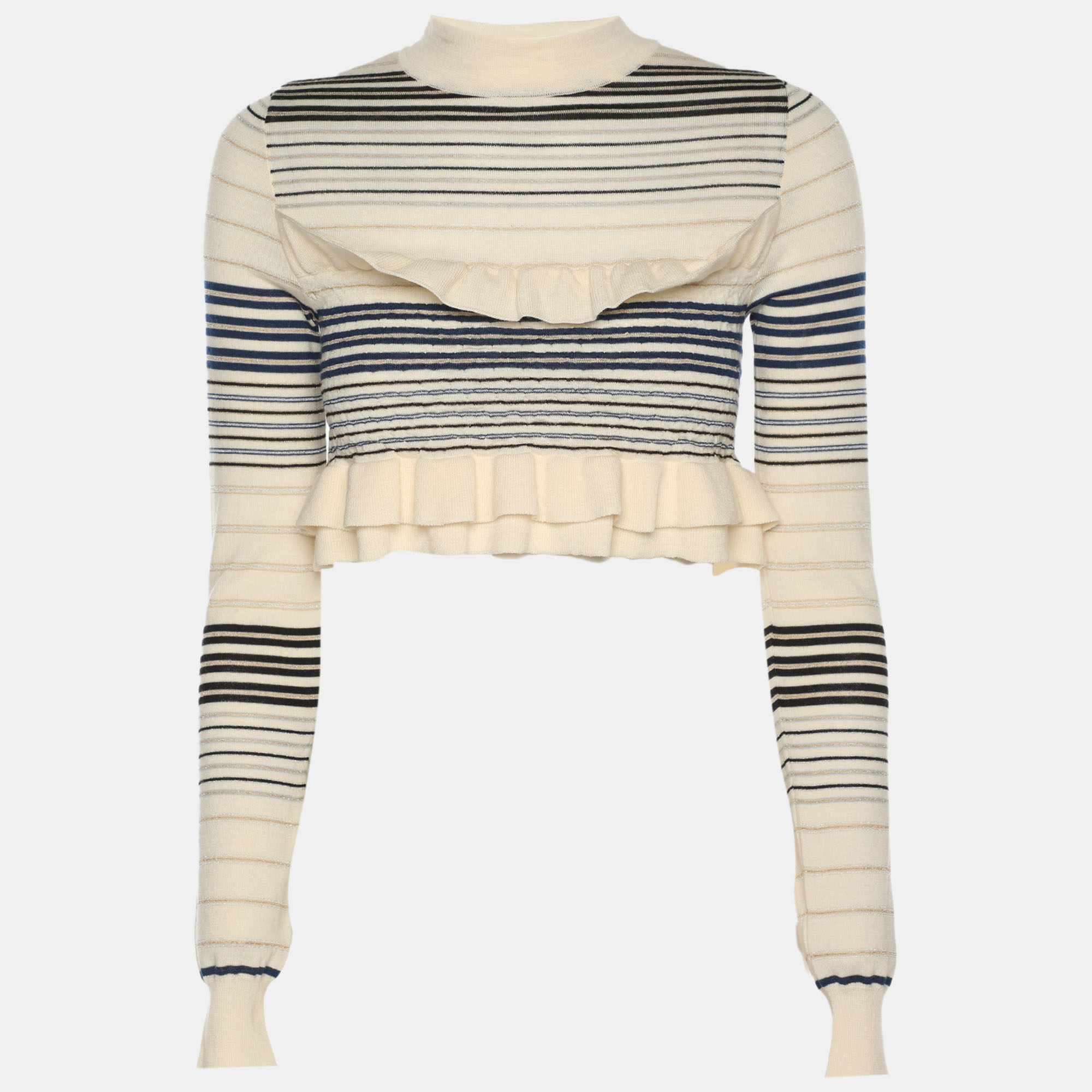 Stella McCartney CreamBlue Striped Rib Knit Cropped Striped Frill Jumper Stella McCartney CreamBlue Striped Rib Knit Cropped Striped Frill Jumper
