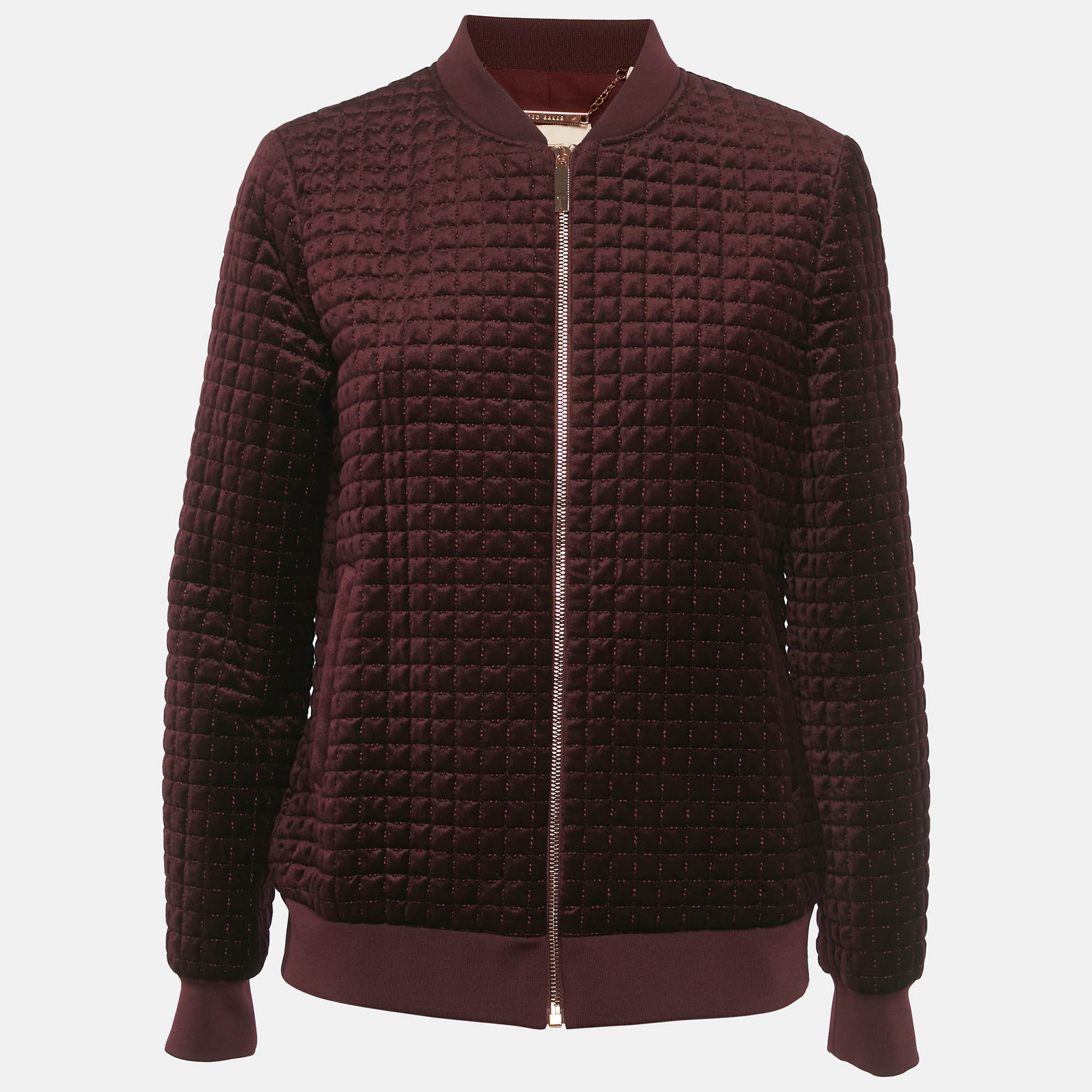 Ted Baker Burgundy Velvet Quilted Prindil Bomber Jacket Ted Baker Burgundy Velvet Quilted Prindil Bomber Jacket