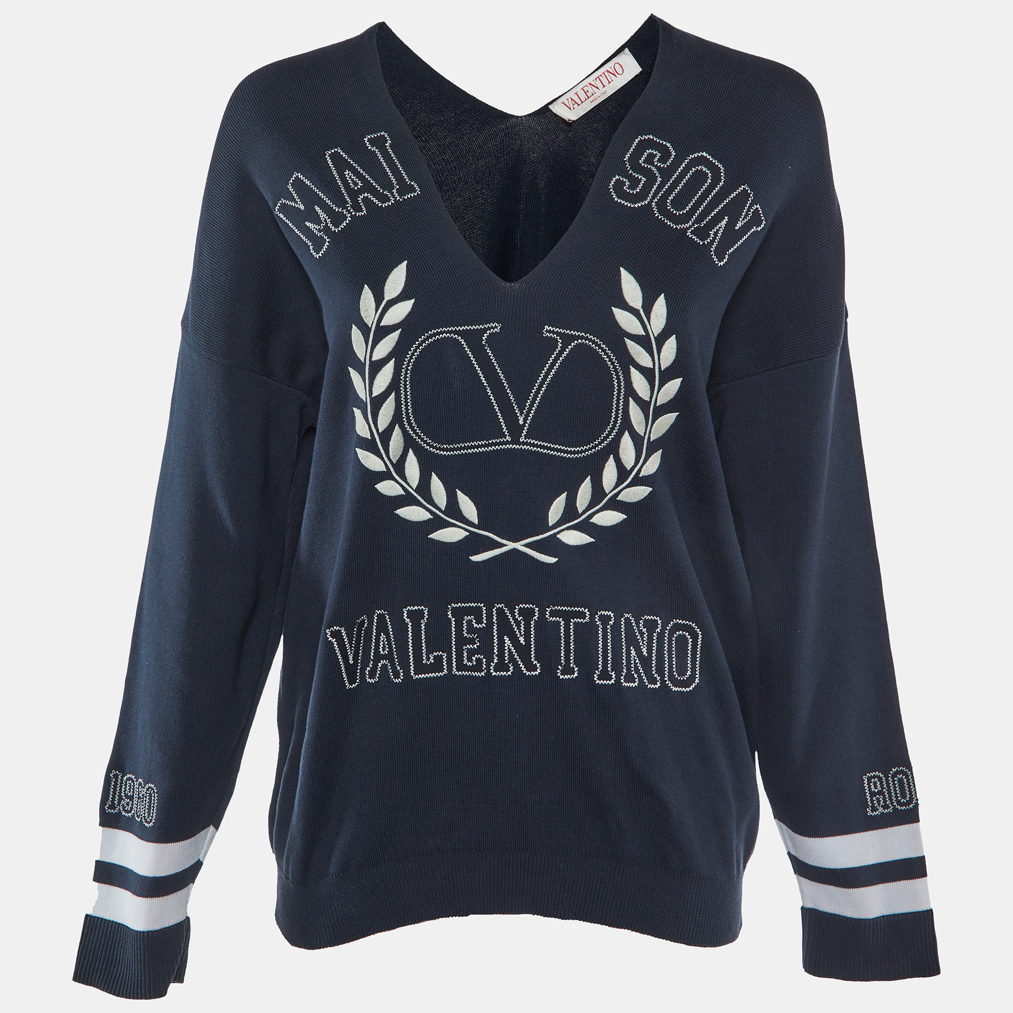 Valentino Navy Blue Logo Embroidered Cotton Knit Jumper Valentino Navy Blue Logo Embroidered Cotton Knit Jumper