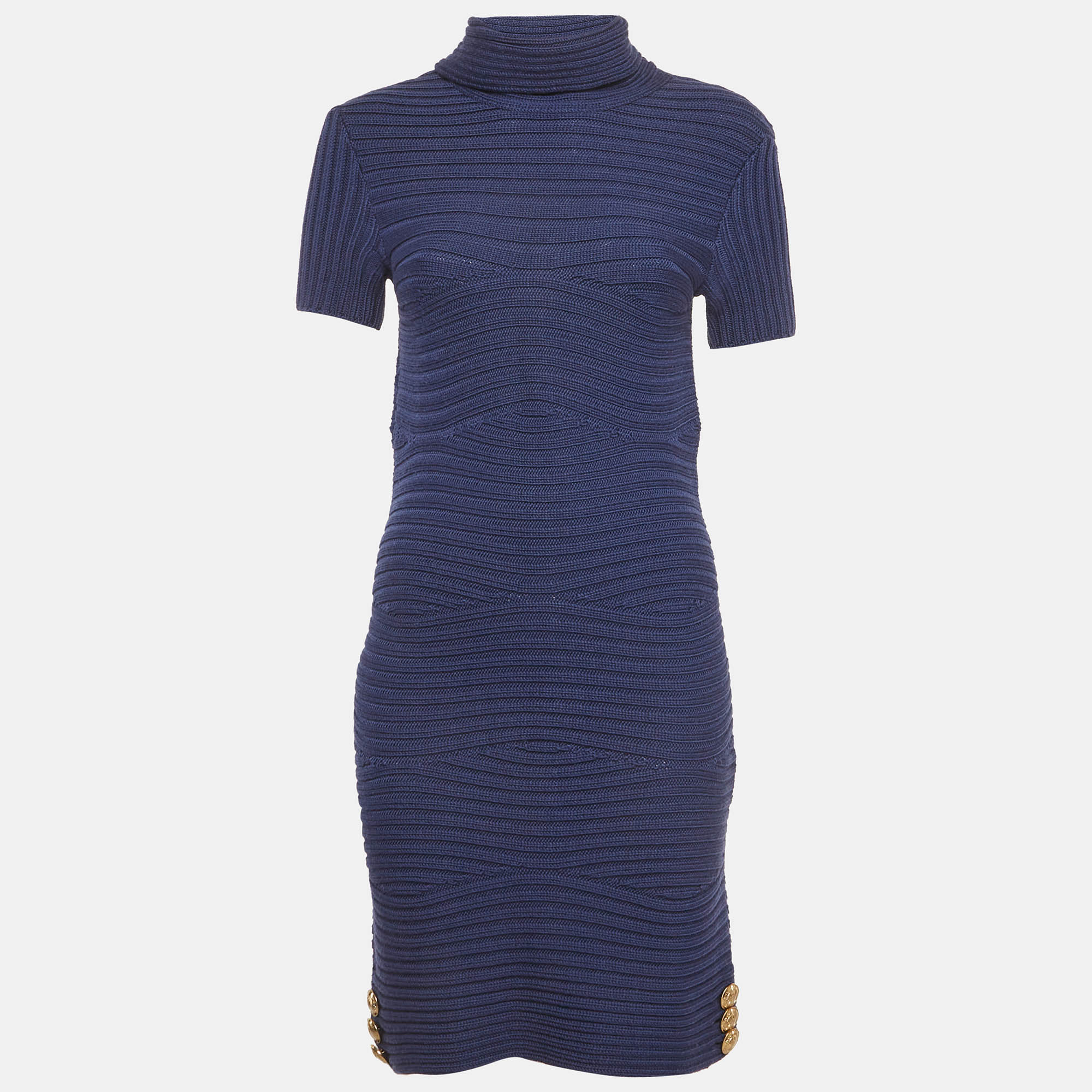 Versace Collection Navy Blue Wool Knitted Turtleneck Mini Dress
