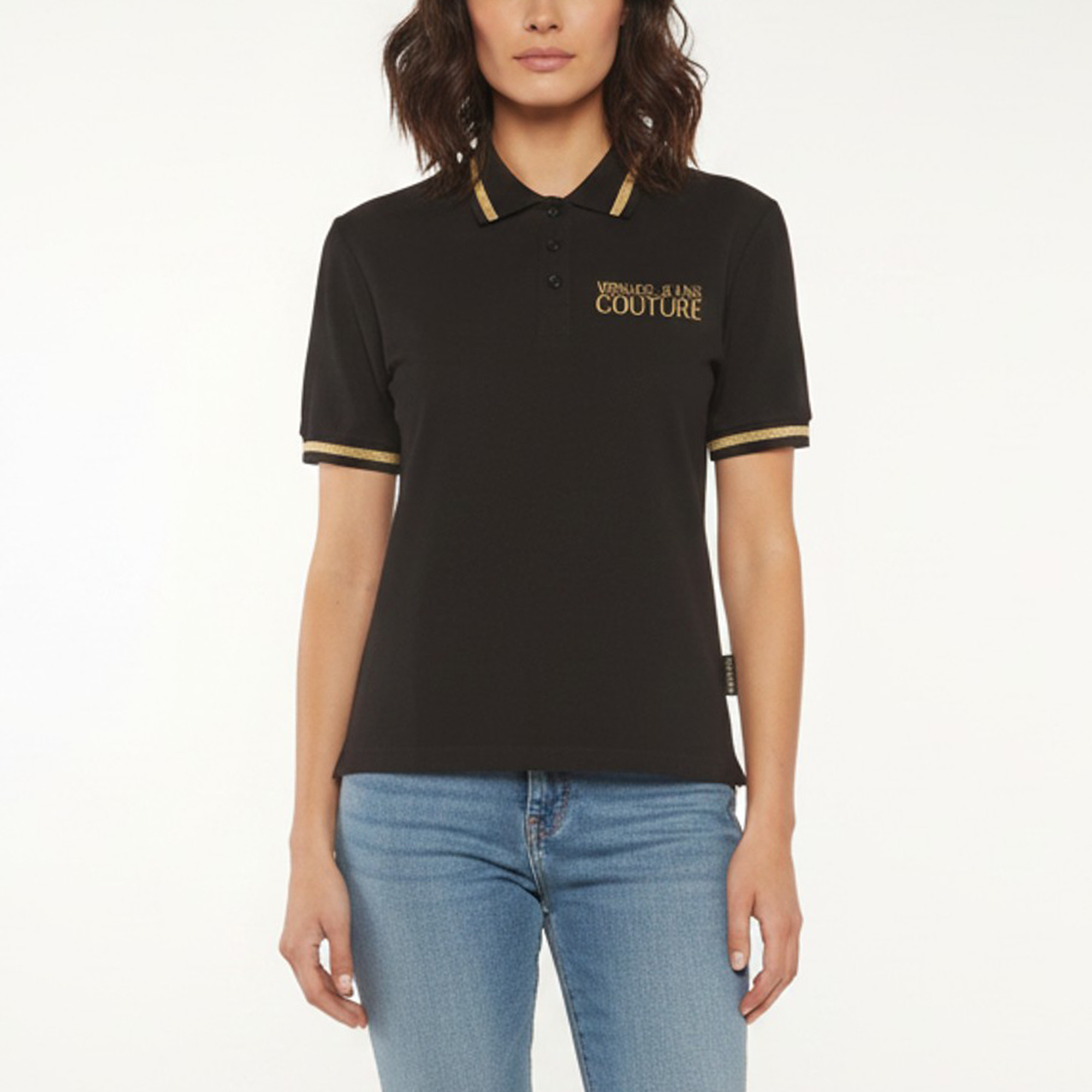 Versace Jeans Couture Black Logo Embroidered Cotton Pique Crop Polo Shirt Versace Jeans Couture Black Logo Embroidered Cotton Pique Crop Polo Shirt