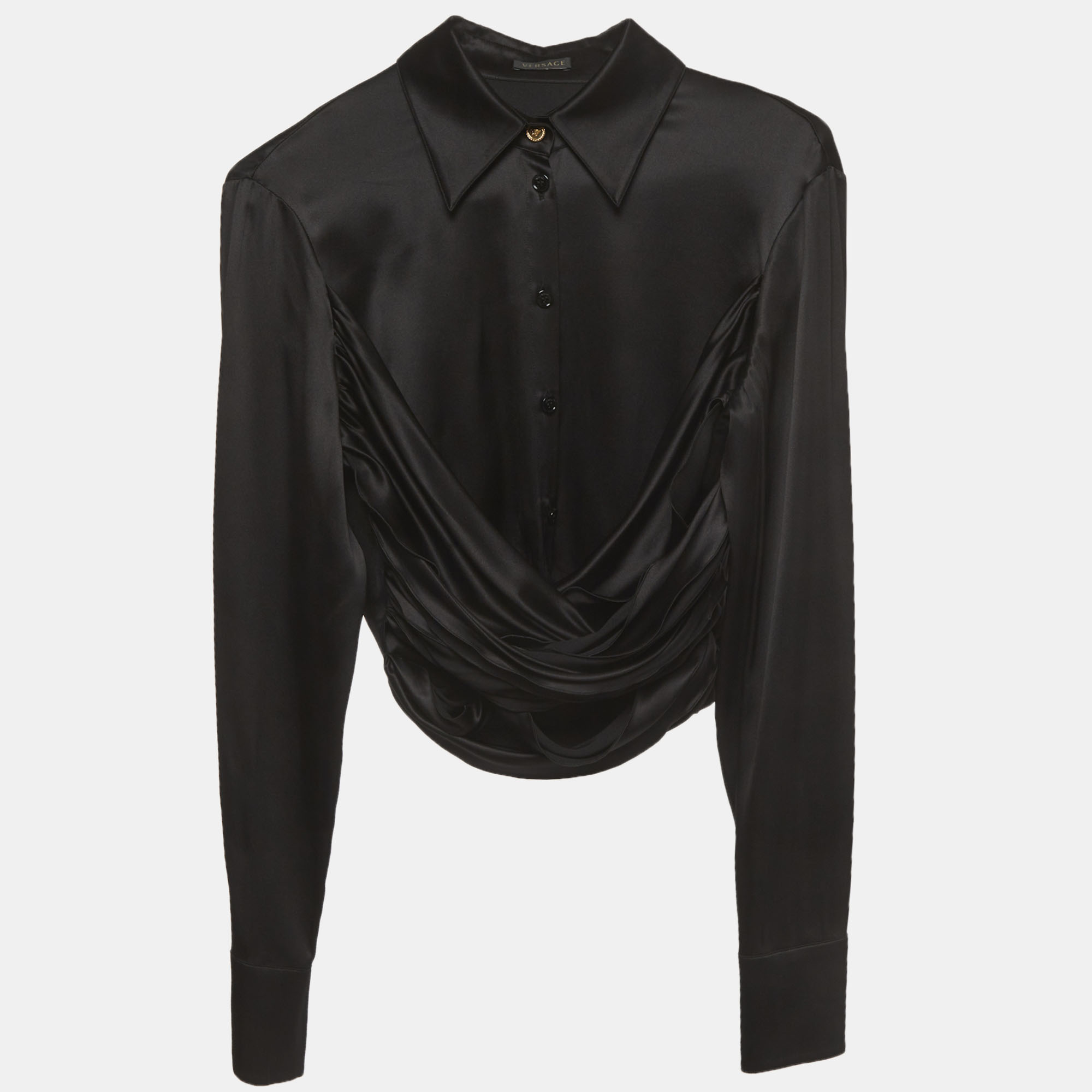 Versace Black Stretch Silk Crop Shirt Versace Black Stretch Silk Crop Shirt