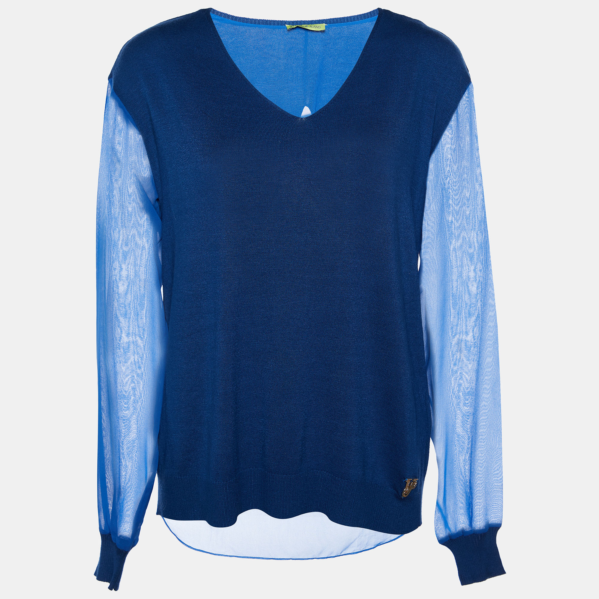 Versace Blue Knit & Chiffon Paneled V-Neck Jumper X Versace Blue Knit & Chiffon Paneled V-Neck Jumper X