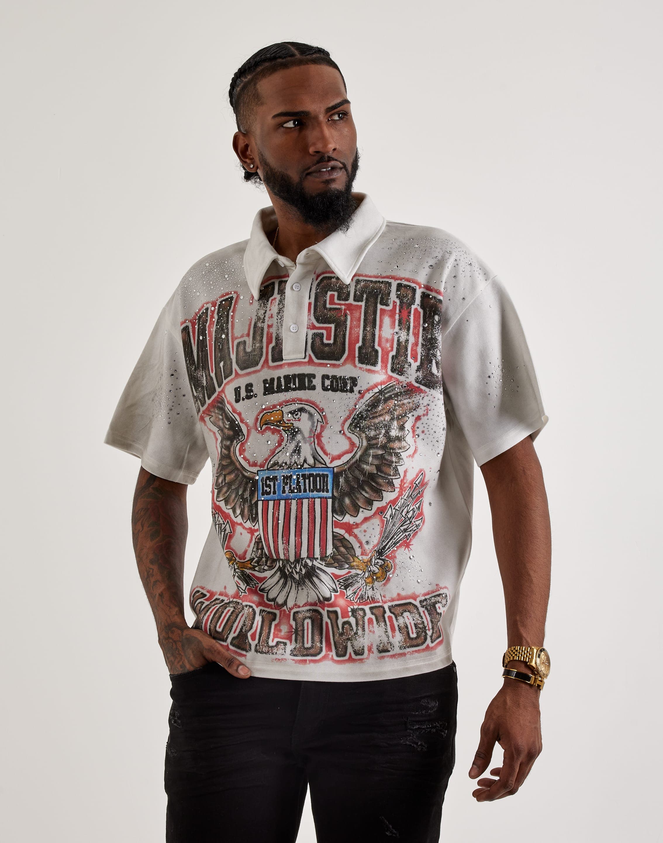 Majestik Eagle Rhinestone Polo Shirt Majestik Eagle Rhinestone Polo Shirt
