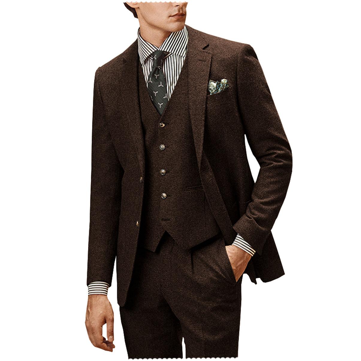Menseventwear Men’s Casual Pieces Mens Suit Classic Tweed Notch Lapel Tuxedos Blazer+vest+Pants