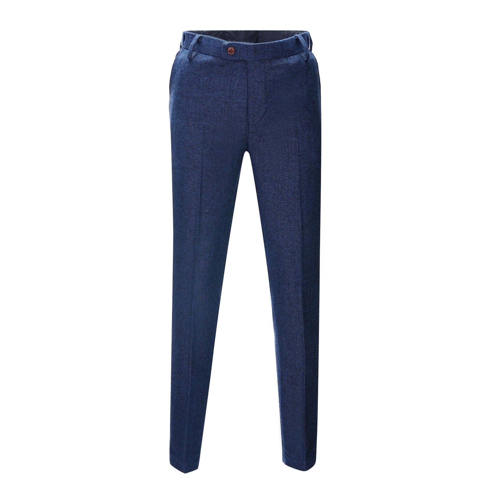 Menseventwear Men’s Casual Suit Pants Royal Blue Herringbone Pleat-Front Trousers – Royal Blue W x L