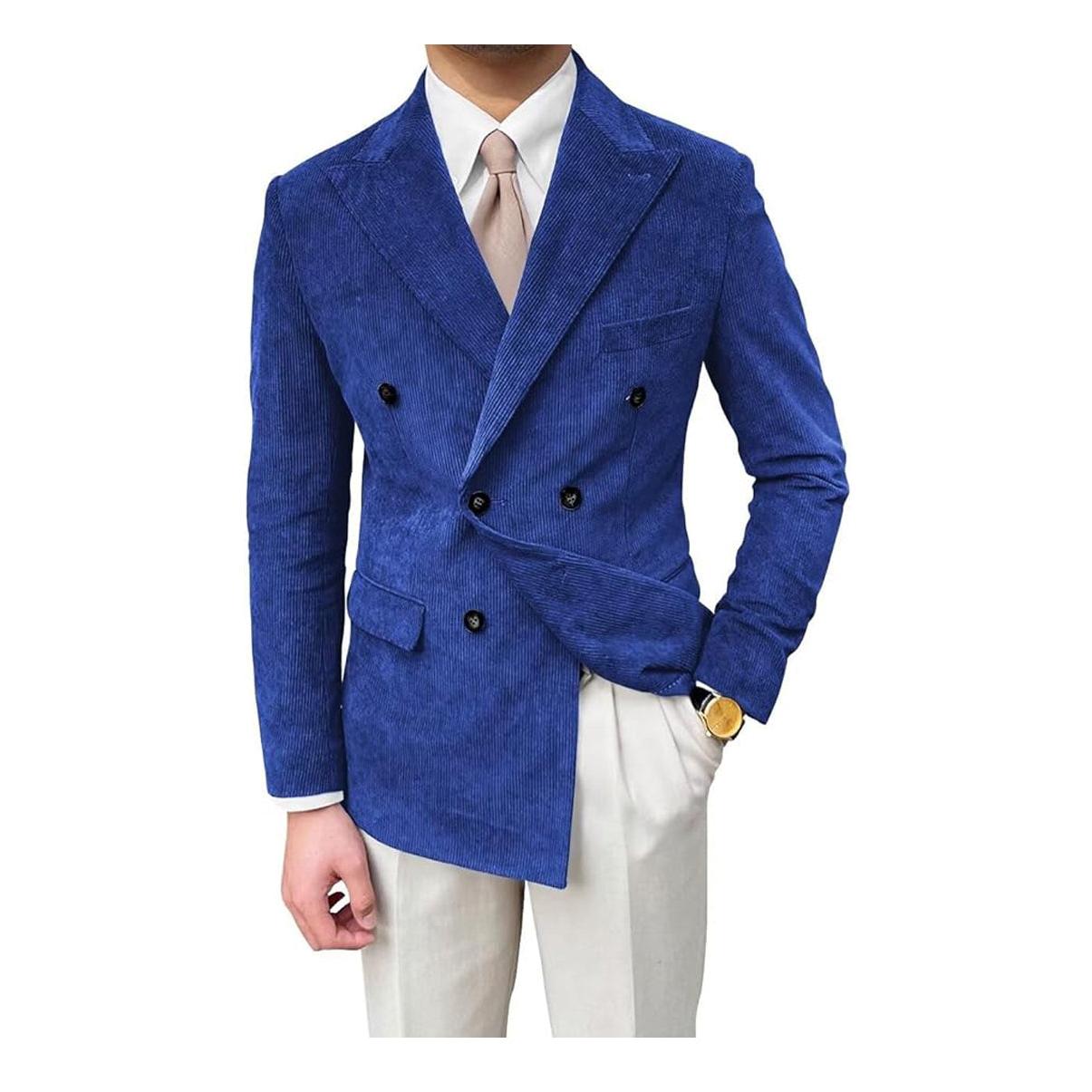 Men’s Fashion Corduroy Peak Lapel Double Breasted Jacket Sport Coat