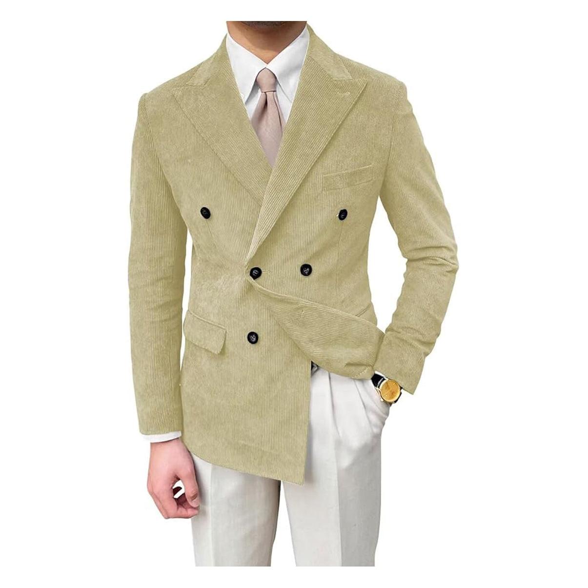 Men’s Fashion Corduroy Peak Lapel Double Breasted Jacket Sport Coat Men’s Fashion Corduroy Peak Lapel Double Breasted Jacket Sport Coat