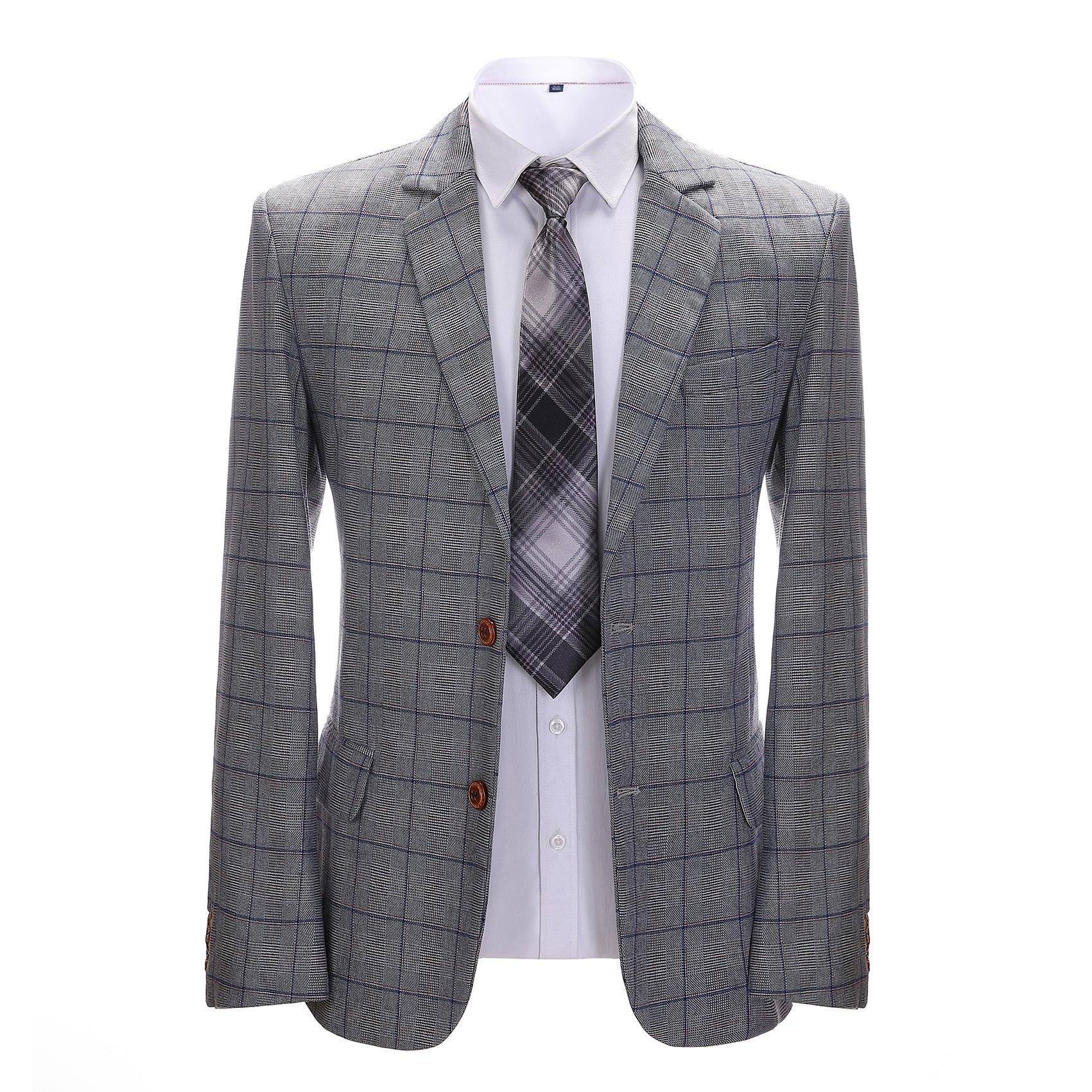 Menseventwear Men’s Formal Grey Plaid Notch Lapel Blazer Business Tweed Jacket Menseventwear Men’s Formal Grey Plaid Notch Lapel Blazer Business Tweed Jacket
