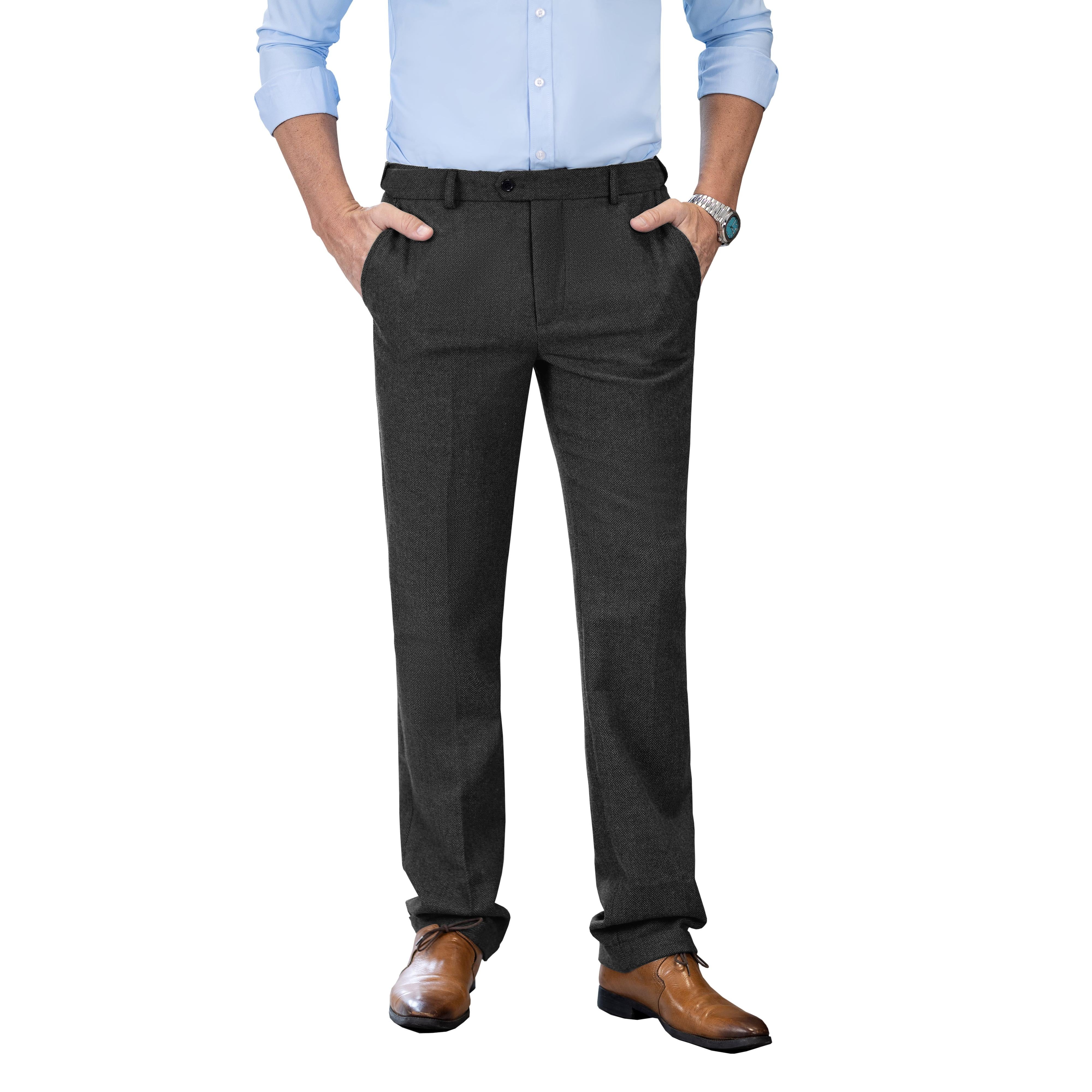 Men’s Retro Suit Pants Herringbone Tweed Trousers – Black W x L