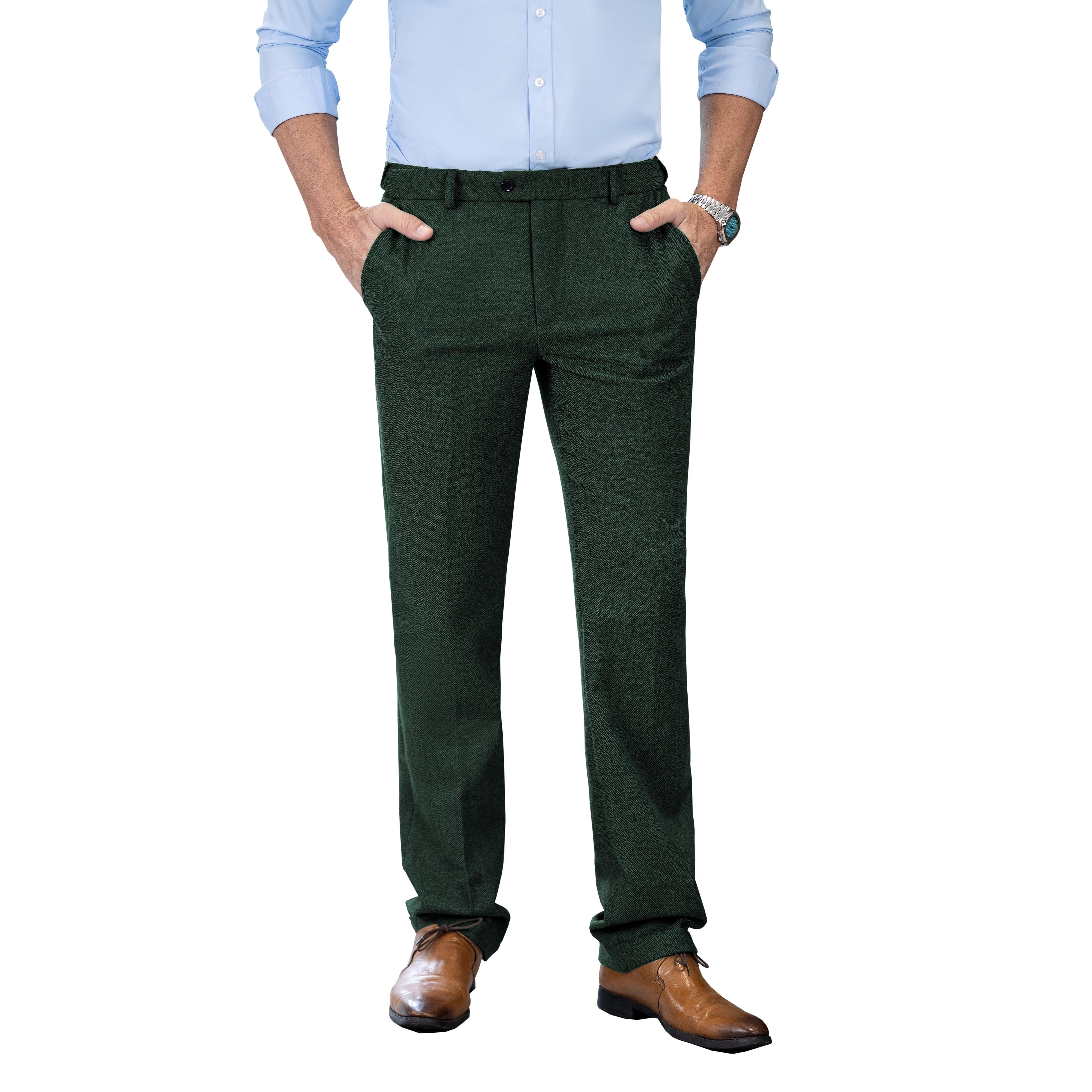 Men’s Retro Suit Pants Herringbone Tweed Trousers – Hunt Green W x L