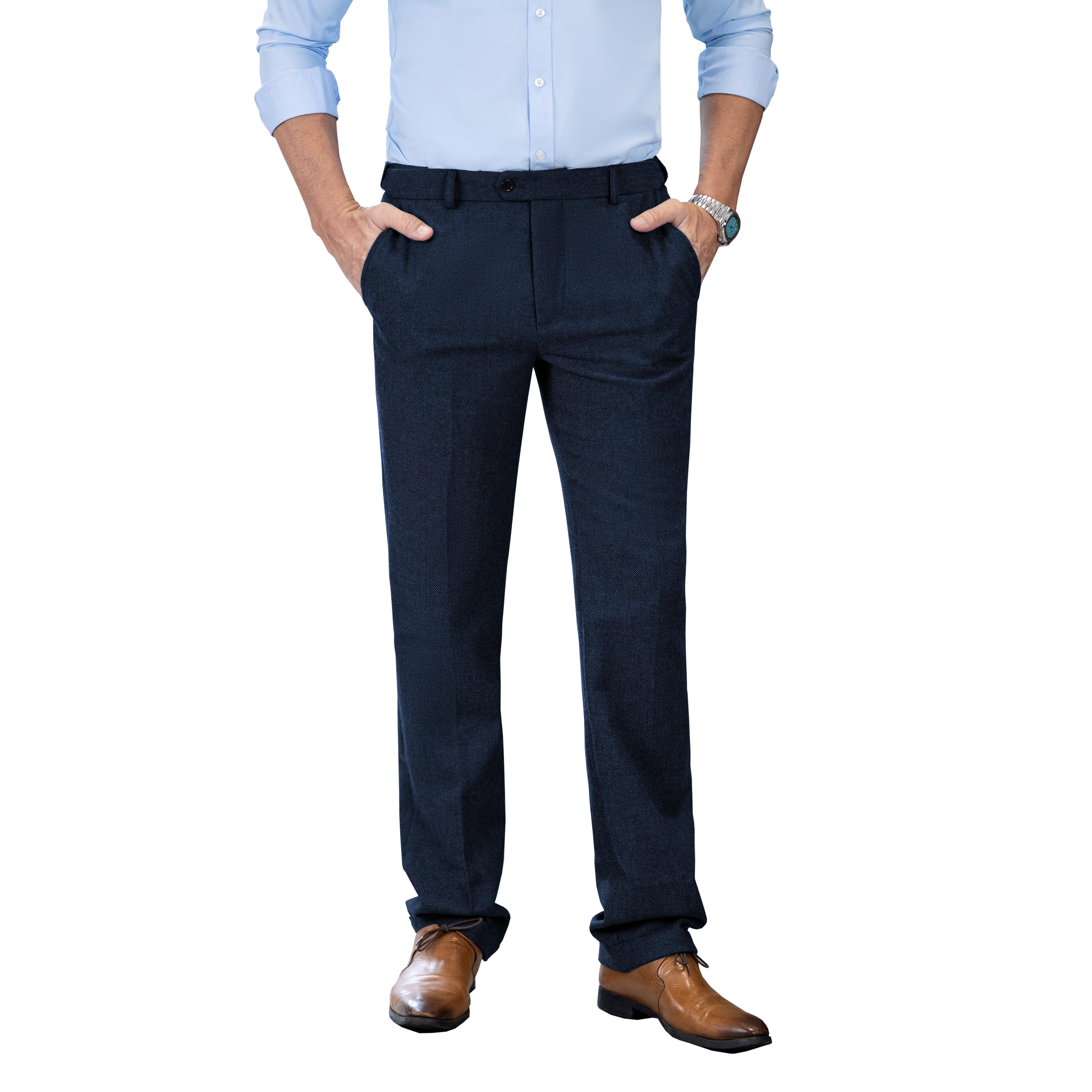 Men’s Retro Suit Pants Herringbone Tweed Trousers – Navy W x L