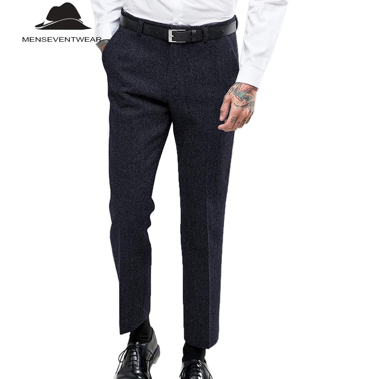 Menseventwear Men’s Retro Suit Pants Herringbone Tweed Trousers – Navy W x L