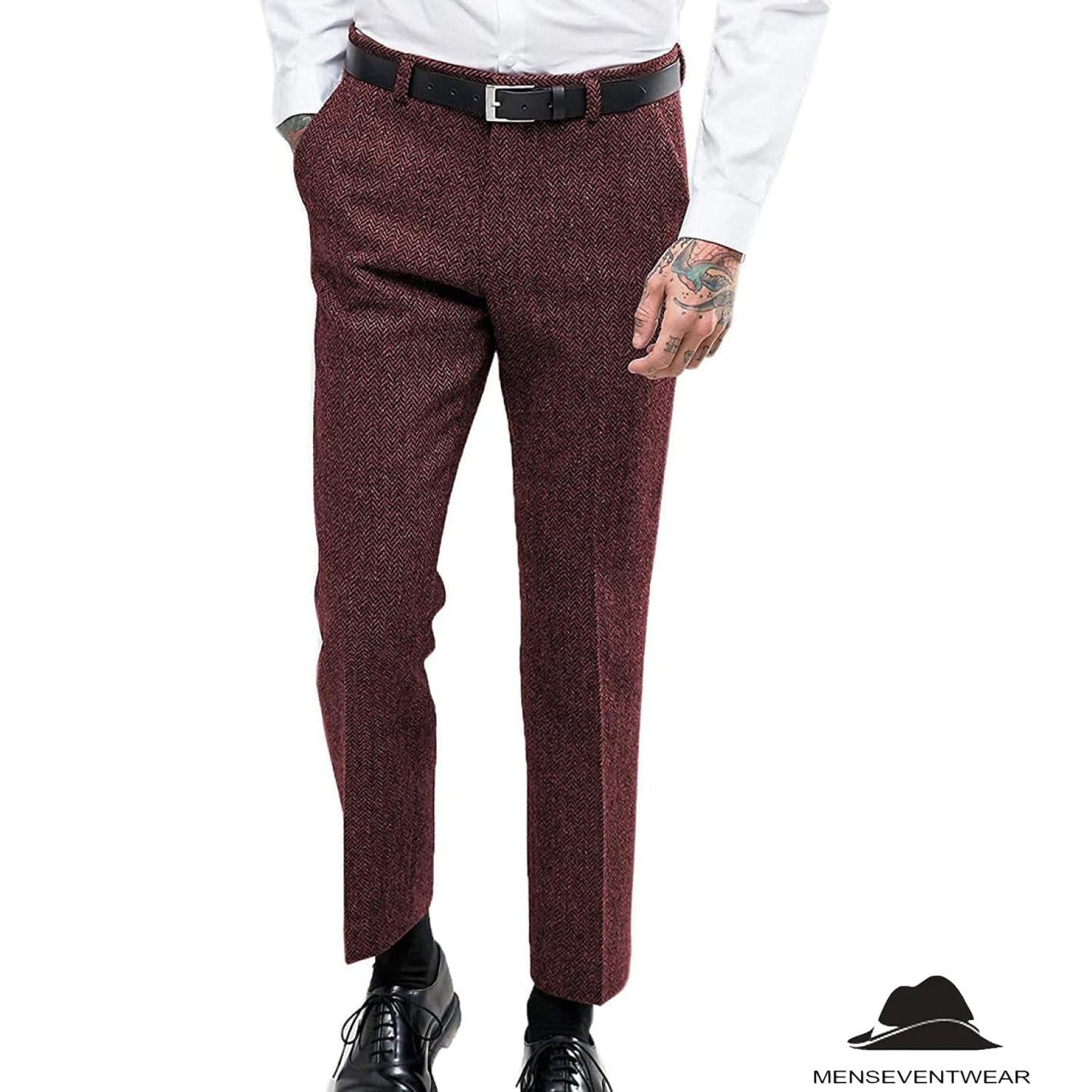 Menseventwear Men’s Retro Suit Pants Herringbone Tweed Trousers – Burgundy W x L