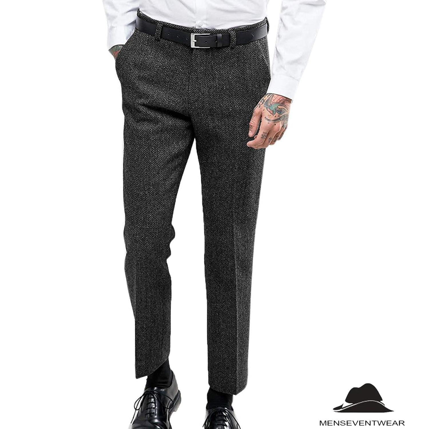 Menseventwear Men’s Retro Suit Pants Herringbone Tweed Trousers – Black W x L Menseventwear Men’s Retro Suit Pants Herringbone Tweed Trousers – Black W x L