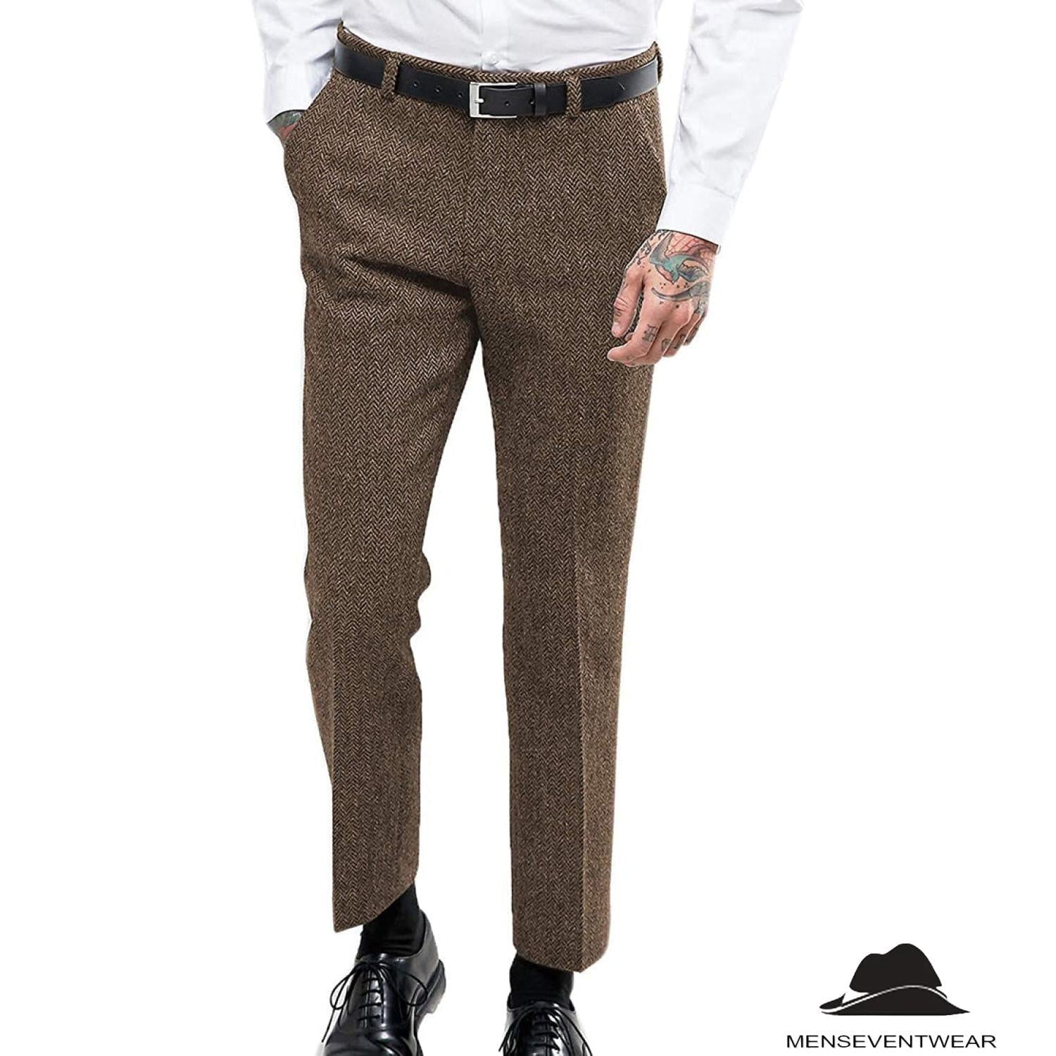Menseventwear Men’s Retro Suit Pants Herringbone Tweed Trousers – Brown W x L