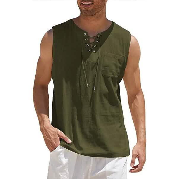 Men’s Cotton Linen Tank Top Shirts Casual Sleeveless Lace Up Beach Hippie Tops Bohemian Renaissance Pirate Tunic Men’s Cotton Linen Tank Top Shirts Casual Sleeveless Lace Up Beach Hippie Tops Bohemian Renaissance Pirate Tunic