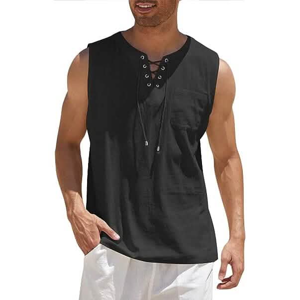 Men’s Cotton Linen Tank Top Shirts Casual Sleeveless Lace Up Beach Hippie Tops Bohemian Renaissance Pirate Tunic Men’s Cotton Linen Tank Top Shirts Casual Sleeveless Lace Up Beach Hippie Tops Bohemian Renaissance Pirate Tunic