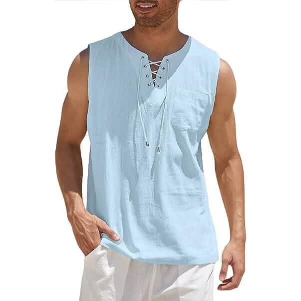 Men’s Cotton Linen Tank Top Shirts Casual Sleeveless Lace Up Beach Hippie Tops Bohemian Renaissance Pirate Tunic Men’s Cotton Linen Tank Top Shirts Casual Sleeveless Lace Up Beach Hippie Tops Bohemian Renaissance Pirate Tunic