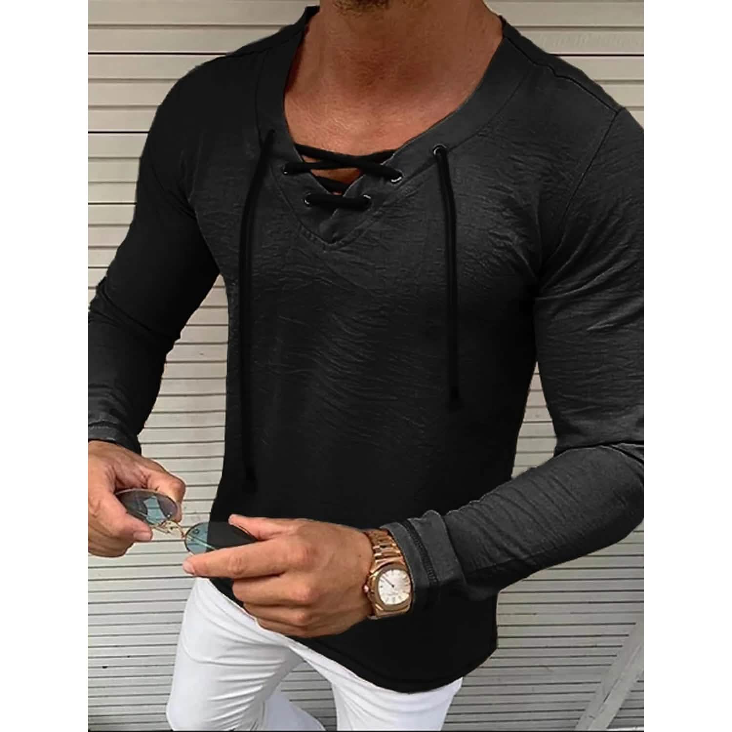 Men’s Solid V Neck Long Sleeved Cotton Linen Shirt Men’s Solid V Neck Long Sleeved Cotton Linen Shirt