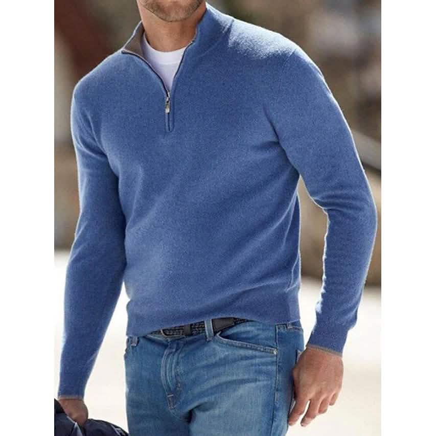 Men’s Sweater Jumper Pullover Ribbed Knit Cropped Zipper Knitted Solid Color – Blue XXXX