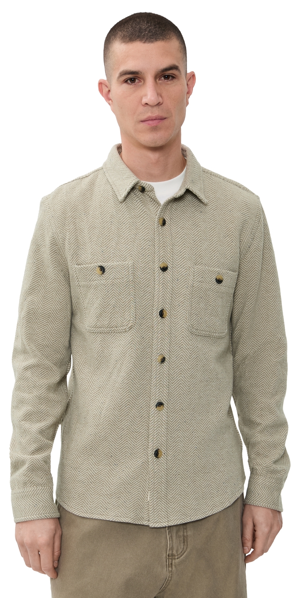 Marine Layer Pacifica Stretch Twill Overshirt Taupe Herringbone