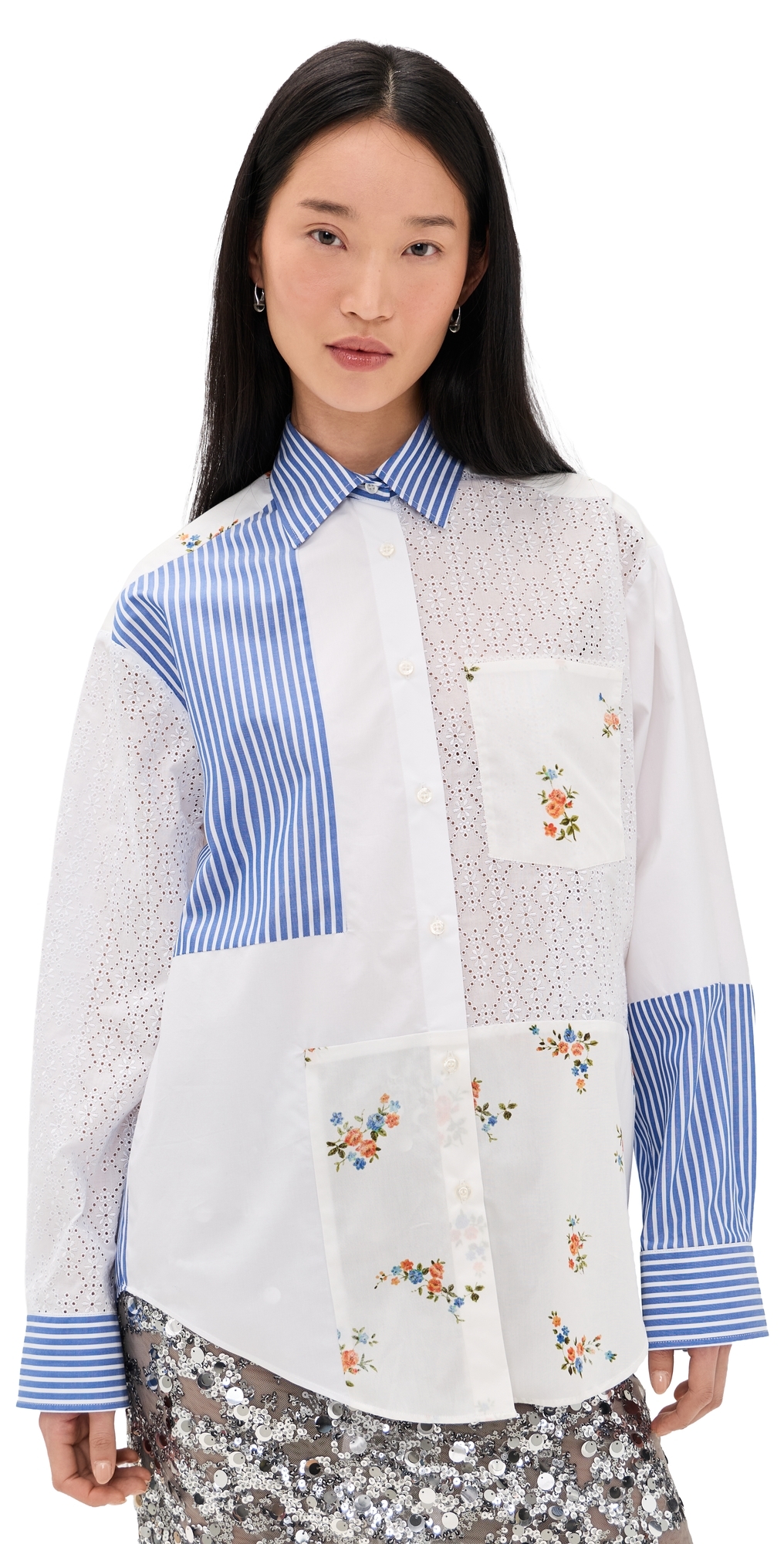 MSGM Patchwork Button Down Shirt Off White Blue