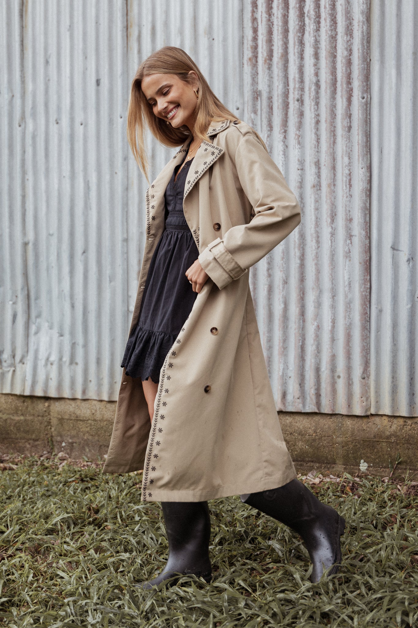 Grayson Embroidered Trim Trench Coat