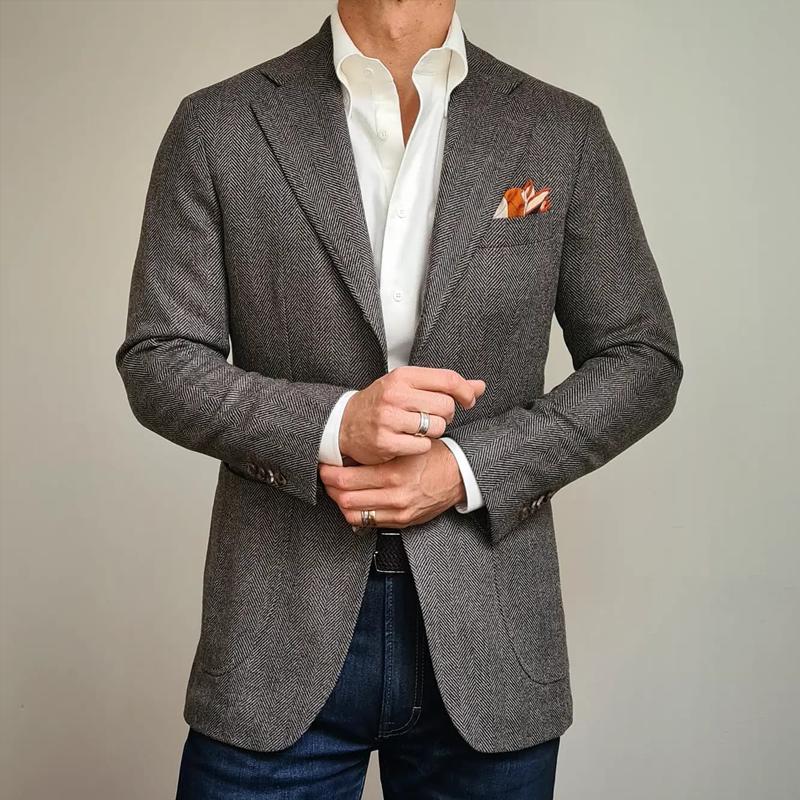 Men’s Vintage Herringbone Notch Lapel Two Buttons Slim Blazer Z Men’s Vintage Herringbone Notch Lapel Two Buttons Slim Blazer Z