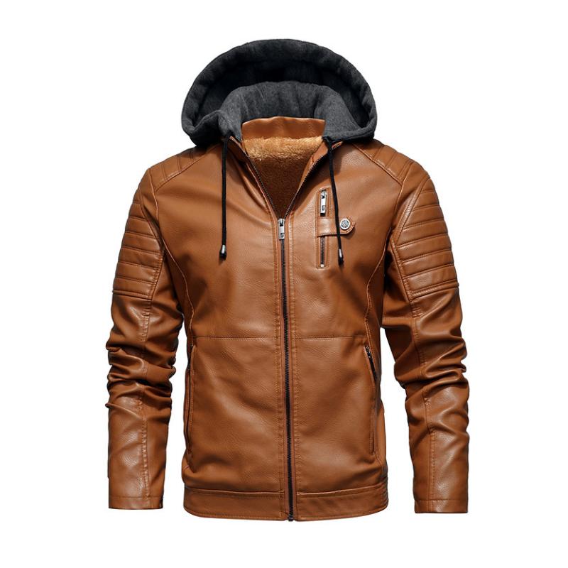 Men’s Vintage Hooded Fleece Warm Zip-Up Slim Fit Leather Jacket M – Orange