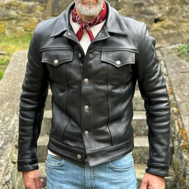 Men’s Vintage Leather Lapel Chest Pocket Single Breasted Casual Jacket Z