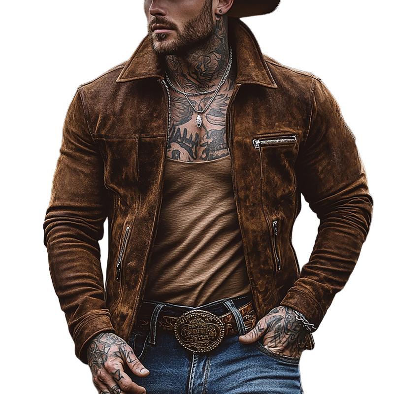 Men’s Solid Suede Zippered Chest Pocket Lapel Jacket Y Men’s Solid Suede Zippered Chest Pocket Lapel Jacket Y