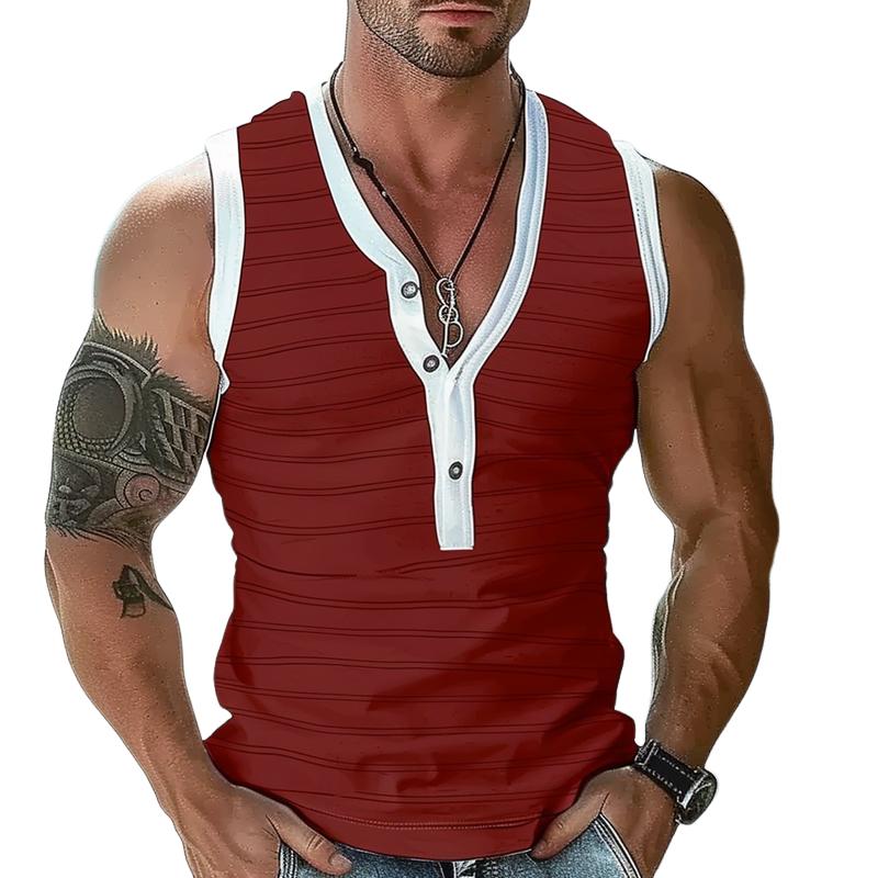 Men’s Casual Striped Henley Collar Slim Fit Tank Top M Men’s Casual Striped Henley Collar Slim Fit Tank Top M