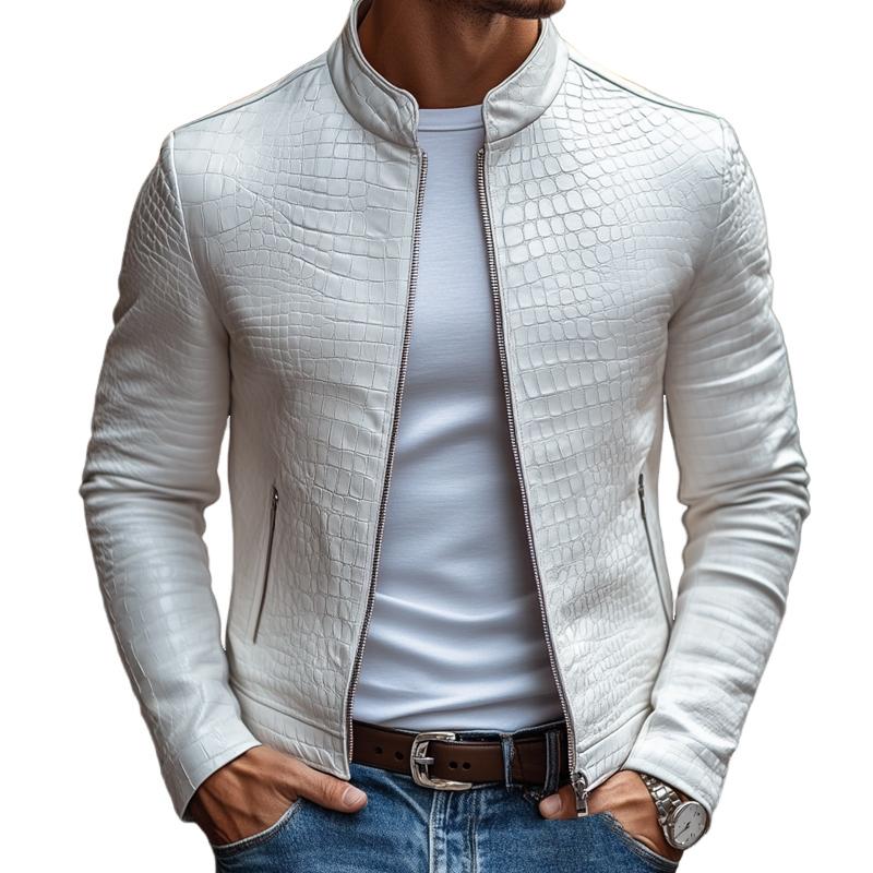 【-hour shipping out】Men’s Fashion Stone Pattern Stand Collar Zipper Slim Fit Leather Jacket M