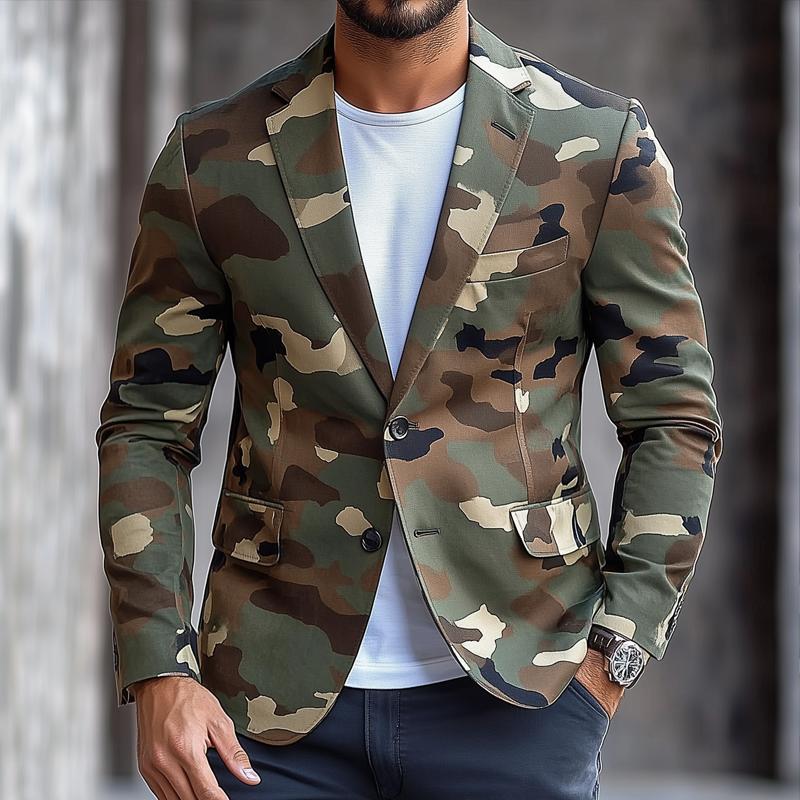 Men’s Retro Camouflage Notch Lapel Single Breasted Casual Blazer Z
