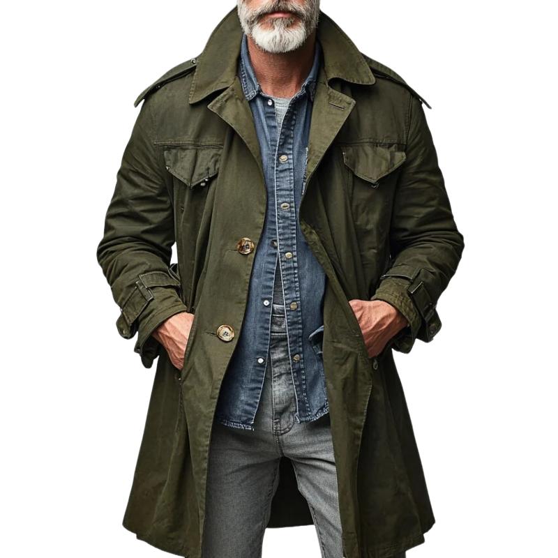 Men’s Vintage Lapel Single Breasted Cargo Trench Coat Y