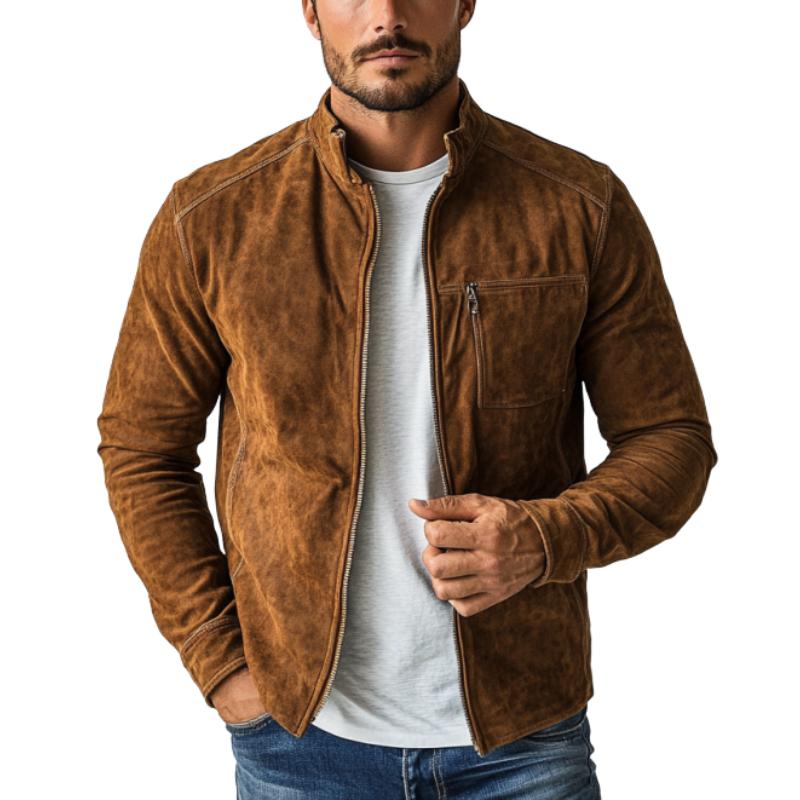 Men’s Fashion Casual Suede Zipper Stand Collar Jacket Y